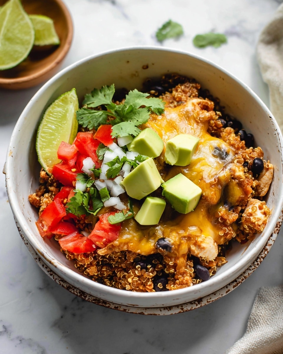 A white bowl with some brown chips on its edges holds a colorful quinoa dish. The base layer is golden brown cooked quinoa mixed with black beans and small cubes of chicken. On top, there is melted light yellow cheese stretching slightly off the edge. There are fresh green avocado cubes placed near the center with a sprinkle of tiny white onion pieces. Bright red tomato pieces and fresh green cilantro leaves decorate the top left side, and a wedge of light green lime rests on the rim of the bowl. The bowl is set on a white marbled textured surface with an out-of-focus small wooden bowl with lime wedges below it. photo taken with an iphone --ar 4:5 --v 7