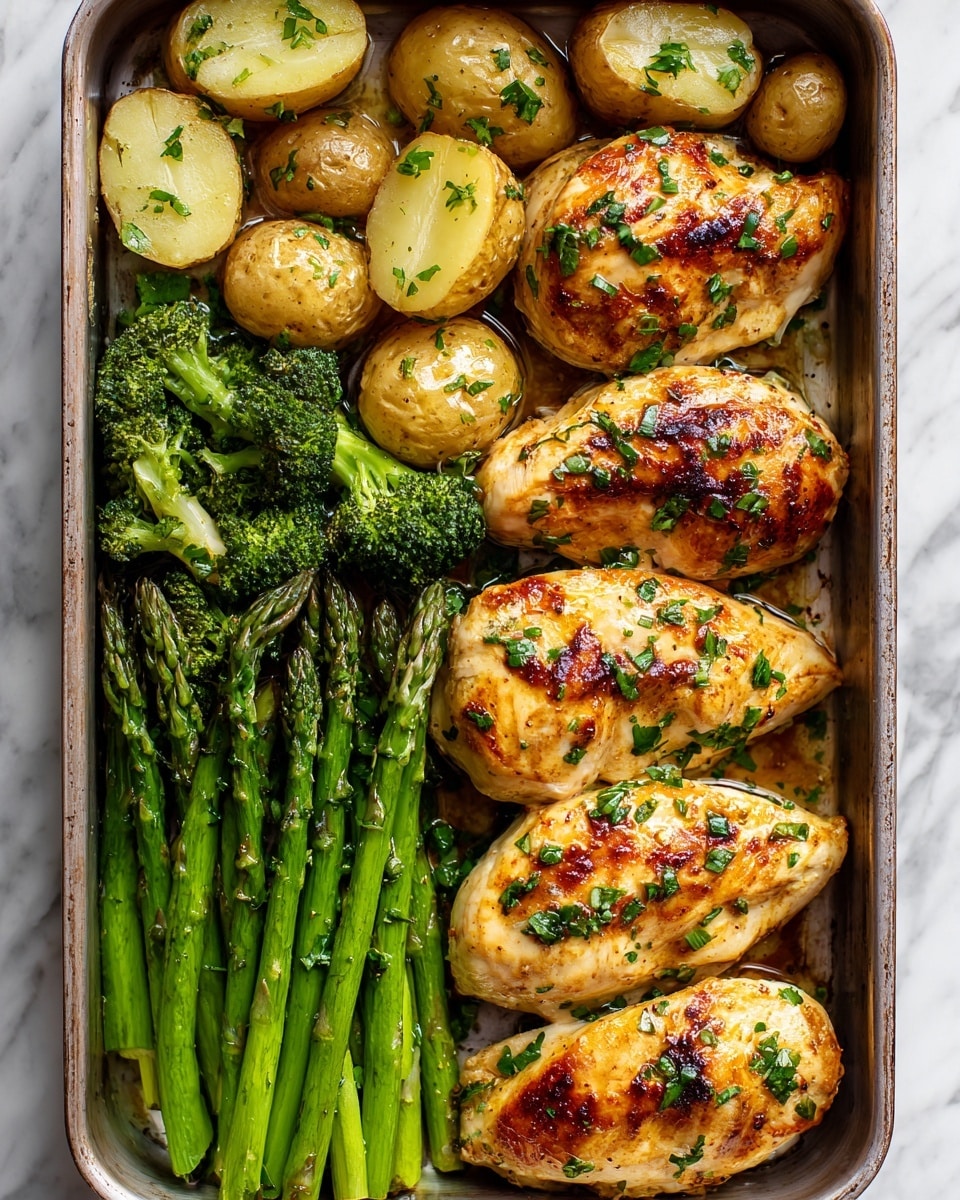 The image shows a tray filled with six pieces of golden-brown grilled chicken breasts, each topped with small green herb bits. Around the chicken are halved small potatoes with a light golden crust and fresh green broccoli florets. To one side, there is a group of bright green asparagus spears, their tips slightly darker from roasting. The colors are warm and fresh, with the chicken having a slight char and the vegetables looking tender but crisp. The tray sits on a white marbled surface. photo taken with an iphone --ar 4:5 --v 7