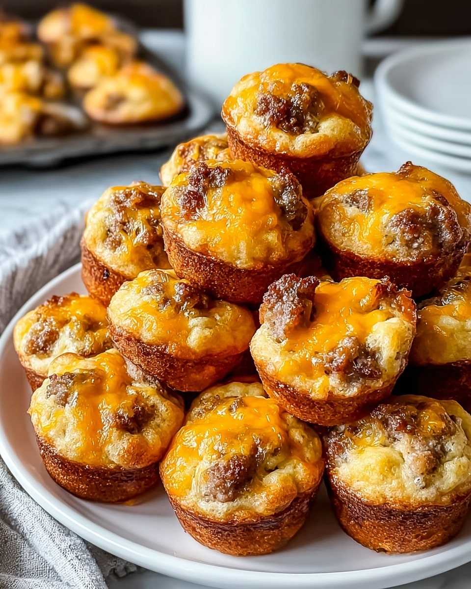 A large white plate holds a pile of mini muffins that have a golden-brown crust at the bottom and sides, with a soft, slightly crispy top layer. Each muffin is topped with melted orange cheddar cheese, which adds a glossy, smooth texture over the rough and crumbly muffins. Small bits of cooked sausage or meat are visible throughout the muffins, creating a mix of beige, brown, and orange colors. The muffins are tightly packed together, showing slight variations in their shapes and the cheese coverage on top. The plate sits on a textured beige cloth, all against a white marbled texture background. photo taken with an iphone --ar 4:5 --v 7