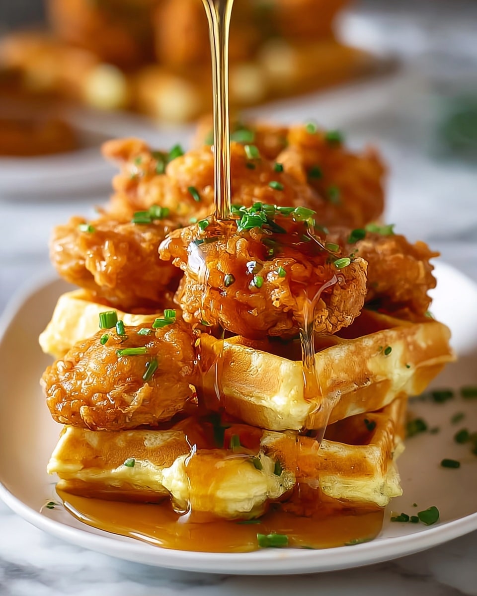 The image shows a white plate with small, square golden waffles stacked beneath a layer of crispy, darker golden fried chicken pieces. The chicken has a crunchy texture with some small green herbs sprinkled on top. A stream of light brown syrup is being poured over the chicken and waffles from above, adding shine and a sticky look. The background features a white marbled surface, and the photo has a warm and inviting feel. Photo taken with an iphone --ar 4:5 --v 7