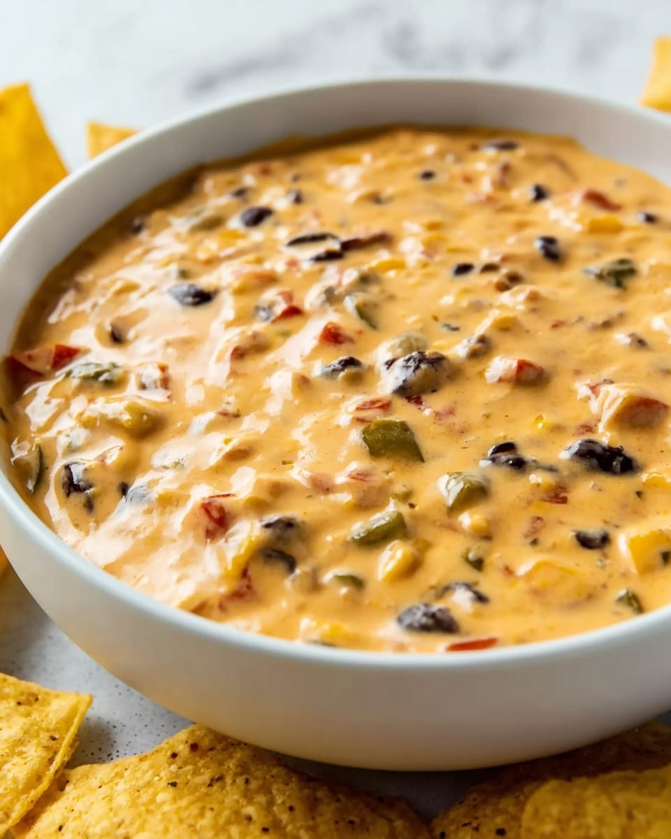 A close-up view of a white bowl filled with a creamy, light orange cheese dip with visible small chunks of black beans, green peppers, and bits of red and yellow vegetables mixed throughout. The dip has a smooth, slightly glossy texture with some specks of seasoning. The bowl sits on a white marbled surface, with several yellow corn tortilla chips partially visible around the bowl edges. photo taken with an iphone --ar 4:5 --v 7