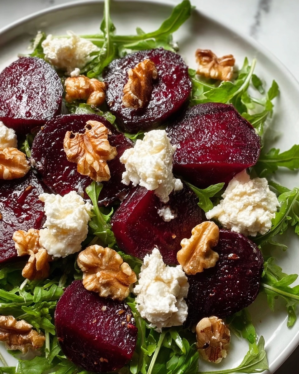 The image shows a close-up of a fresh salad on a white plate, sitting on a white marbled surface. The salad has a base layer of bright green arugula leaves with a slightly ruffled texture, spread evenly across the plate. On top of the arugula, there are thick, moist slices of deep purple beets arranged in a scattered pattern. Small chunks of creamy white cheese are sprinkled unevenly over the salad, adding a soft, fluffy texture. Large, rough-textured, golden brown walnut halves are placed in between the beet slices and cheese, adding a crunchy element. The salad looks lightly drizzled with a glossy dressing that adds a slight shine to the ingredients. photo taken with an iphone --ar 4:5 --v 7