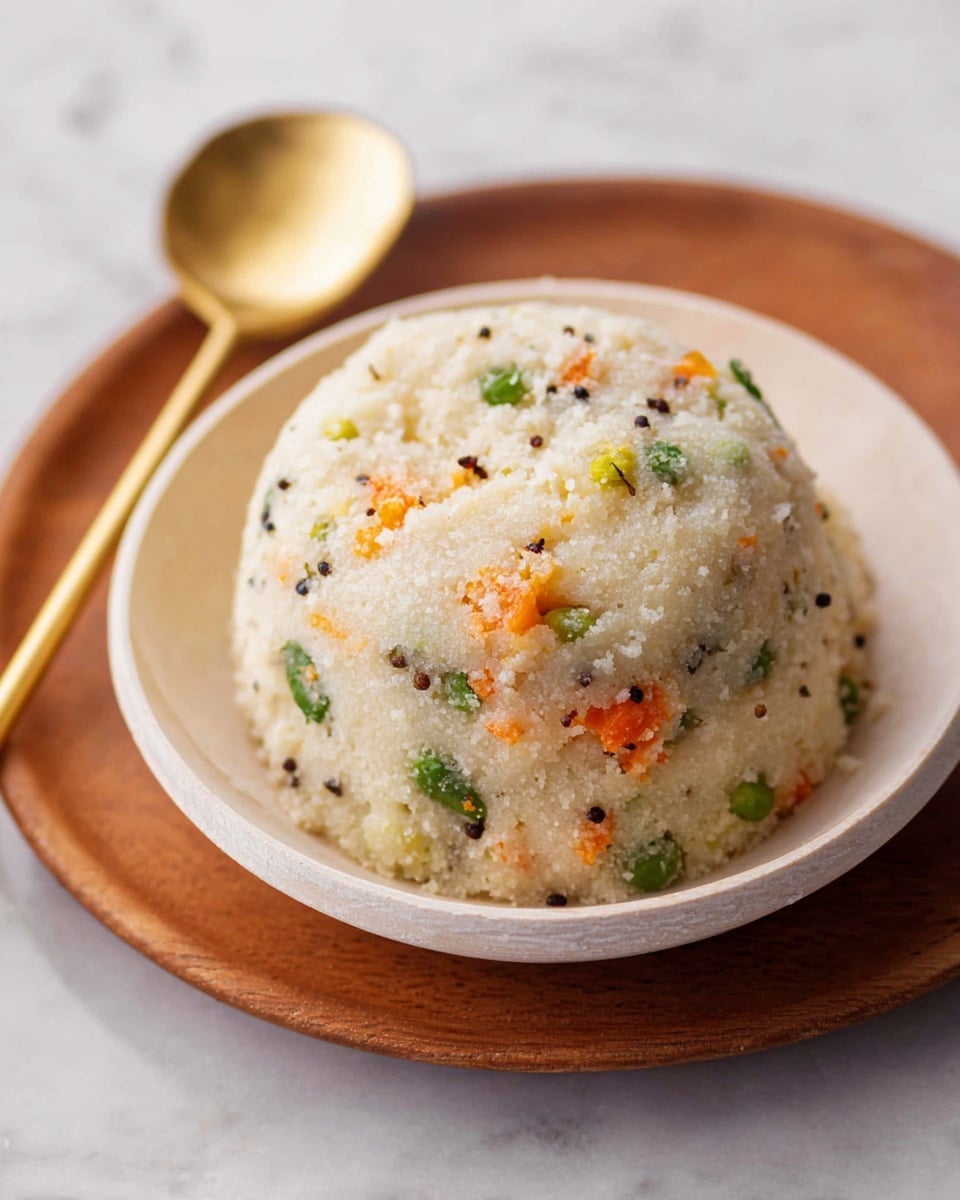A dome-shaped mound of soft, grainy white upma with visible small pieces of green peas, orange carrots, and black mustard seeds mixed evenly throughout. The dish is placed in a white wooden bowl with a smooth texture. A golden spoon lies beside the mound inside the bowl. The background is a white marbled surface. photo taken with an iphone --ar 4:5 --v 7