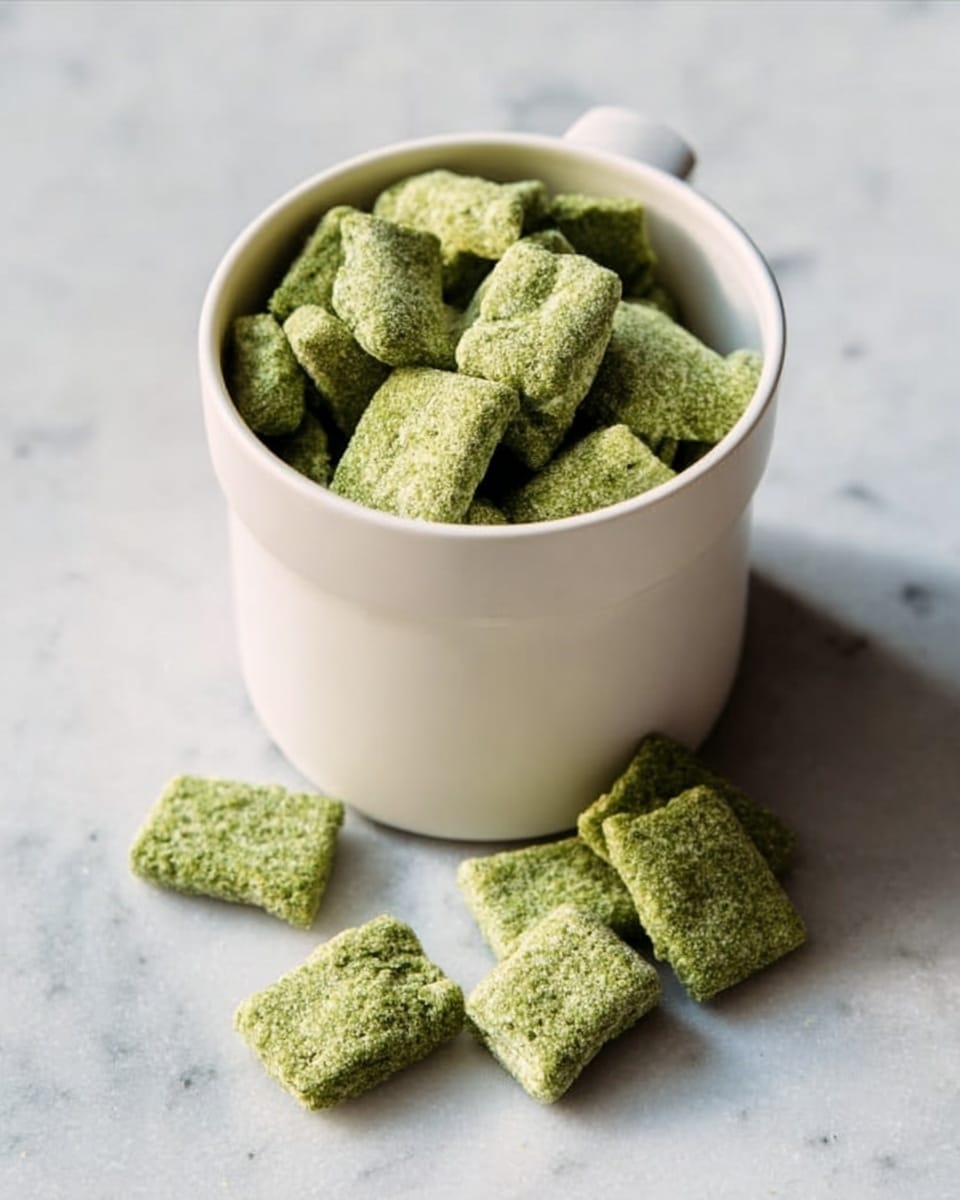 A white textured bowl filled with small, square-shaped green cereal pieces that have a rough, powdery surface. The bowl is placed on a gray cloth with white dotted patterns, sitting on a white marbled background. The cereal pieces are piled high, showing different angles and layers of the squares, with some pieces laying flat and others tilted. photo taken with an iphone --ar 4:5 --v 7