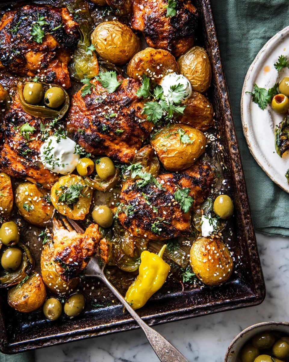 A close-up view of a dark baking tray filled with several grilled chicken pieces that are charred and deep golden brown, each topped with small green leaves. Around the chicken are roasted halved baby potatoes with crispy, browned edges and a rich golden color. Some green olives and yellow pepper slices are scattered on top, adding pops of green and yellow. There are dollops of thick white sauce spread unevenly throughout the tray, sprinkled with sesame seeds and fresh herbs. A silver spoon with a yellow pickled pepper on it rests on the tray, and a silver fork with olives rests beside a partially cut chicken piece. The tray is on a white marbled surface, with part of a white plate with more green olives and herbs visible on the side. Photo taken with an iphone --ar 4:5 --v 7