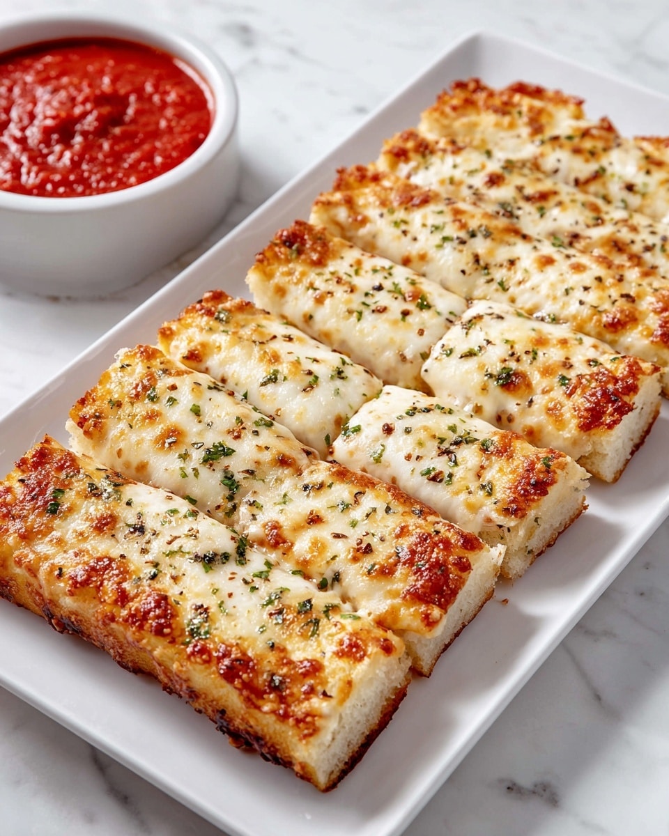 A rectangular white plate holds nine rectangular cheesy bread sticks lined up side by side, with each piece showing a golden, bubbly melted cheese layer on top. The cheese appears rich and stretchy, baked to a light brown with some crispy spots, sprinkled with green herbs and black pepper flakes. Beneath the cheese, a light red tomato sauce layer peeks through, resting on a thick, soft, white bread base that looks airy and fluffy. In the background, there is a white bowl filled with bright red marinara sauce, slightly chunky. The whole scene is set against a white marbled surface. Photo taken with an iphone --ar 4:5 --v 7