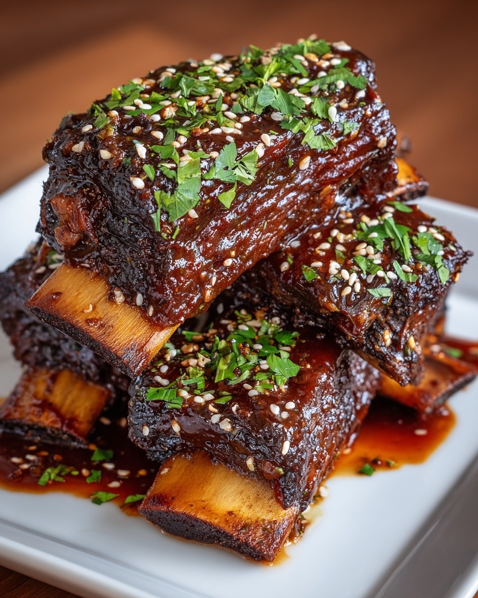 A stack of three glazed short ribs is placed on a white square plate with a white marbled texture under it. Each rib has a dark brown, glossy barbecue sauce coating that glistens under the light. The ribs show visible texture with tender, juicy meat and charred edges, with the top layer slightly overlapping the middle and bottom layers. The bones are thick, clean, and golden-brown at the ends, poking out from under the meat. The ribs are sprinkled generously with white sesame seeds and finely chopped fresh green parsley, which adds a fresh pop of color to the rich, dark meat. The sauce has dripped slightly onto the plate, creating a shiny pool around the bottom ribs. photo taken with an iphone --ar 4:5 --v 7