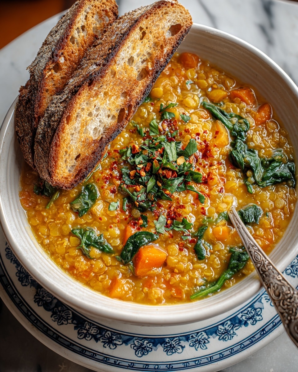A bowl filled with thick yellow lentil soup with visible pieces of orange carrot and green spinach leaves scattered on top, sprinkled with red chili flakes and fresh chopped parsley. Two toasted pieces of crusty bread with a golden-brown crunchy exterior rest inside the bowl, leaning against its edge. A silver spoon with intricate patterns is placed inside the bowl on the right side. The bowl is white with a blue patterned rim, and it sits on a white marbled surface. photo taken with an iphone --ar 4:5 --v 7