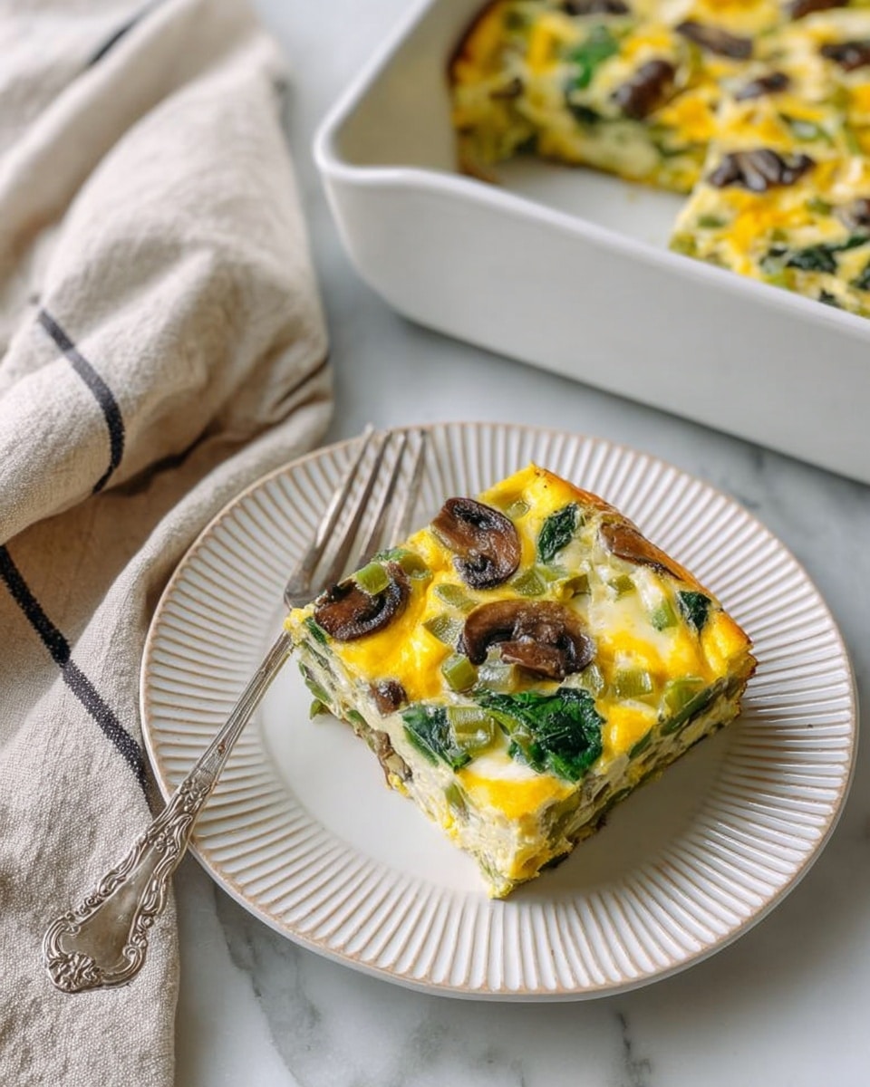 A square slice of baked egg dish sits on a white plate with ridged edges; the slice shows layers of fluffy yellow egg mixed with green spinach leaves and green bell pepper pieces, along with small browned bits that look like mushrooms; the top layer is slightly glossy from the cooked egg and vegetables. Next to the plate is a silver fork with a detailed handle. Behind the plate, there is a white dish holding the rest of the egg casserole, showing the same mixture of yellow egg, green vegetables, and browned mushrooms. The scene rests on a white marbled surface with a beige cloth with dark stripes partially in view. Photo taken with an iphone --ar 4:5 --v 7