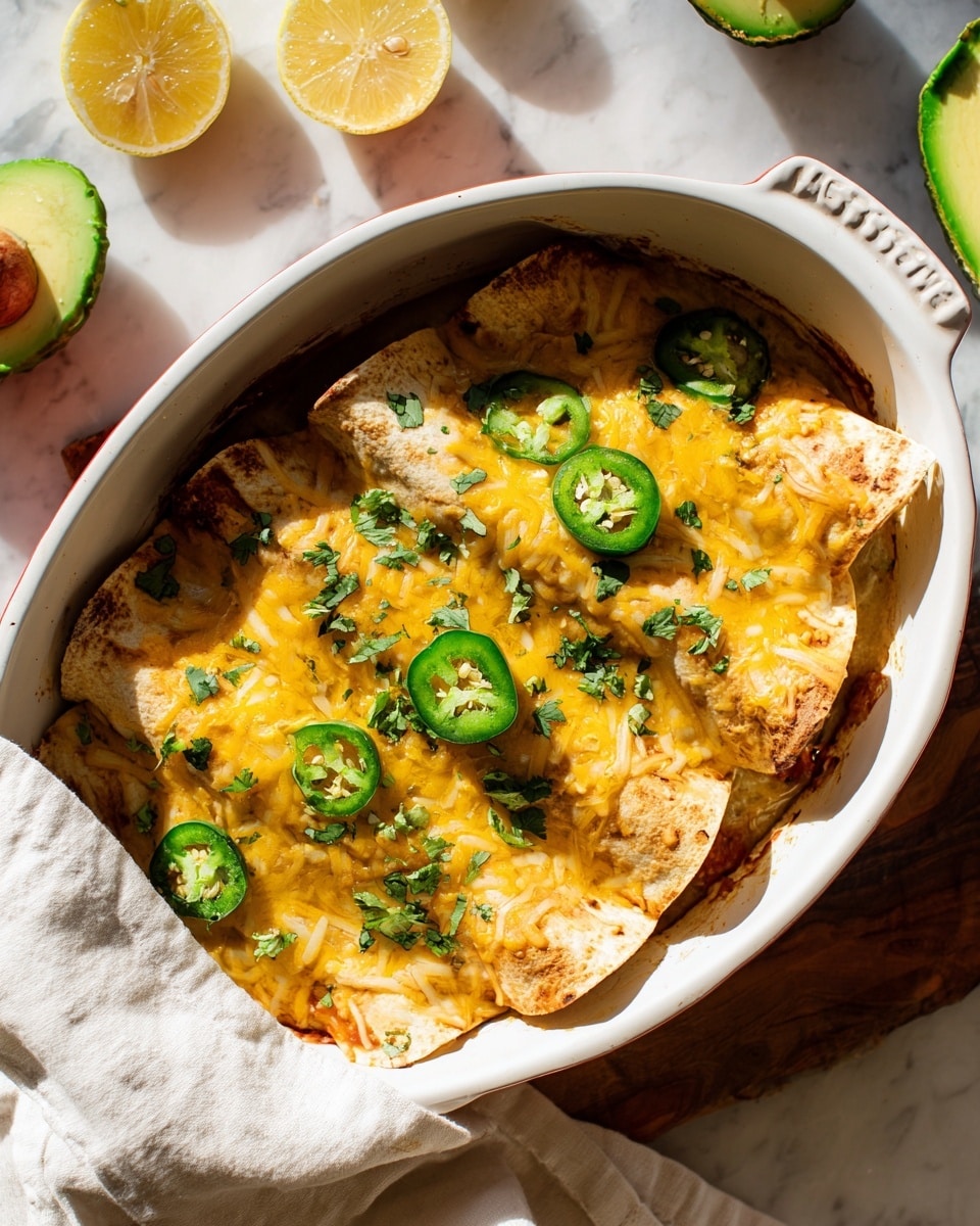 A white oval baking dish with a red handle holds four golden brown enchiladas side by side, each tortilla slightly crisp on the edges with melted yellow cheese sprinkled on top. Bright green jalapeño slices and fresh chopped cilantro are scattered evenly over the enchiladas, adding touches of green. The melted cheese glistens, and the enchiladas rest on a light green sauce visible at the edges. Surrounding the dish are two avocado halves with rich green flesh and brown pits on a wooden board, along with citrus wedges adding yellow and pale green colors. The scene is set on a white marbled surface with soft natural light. photo taken with an iphone --ar 4:5 --v 7