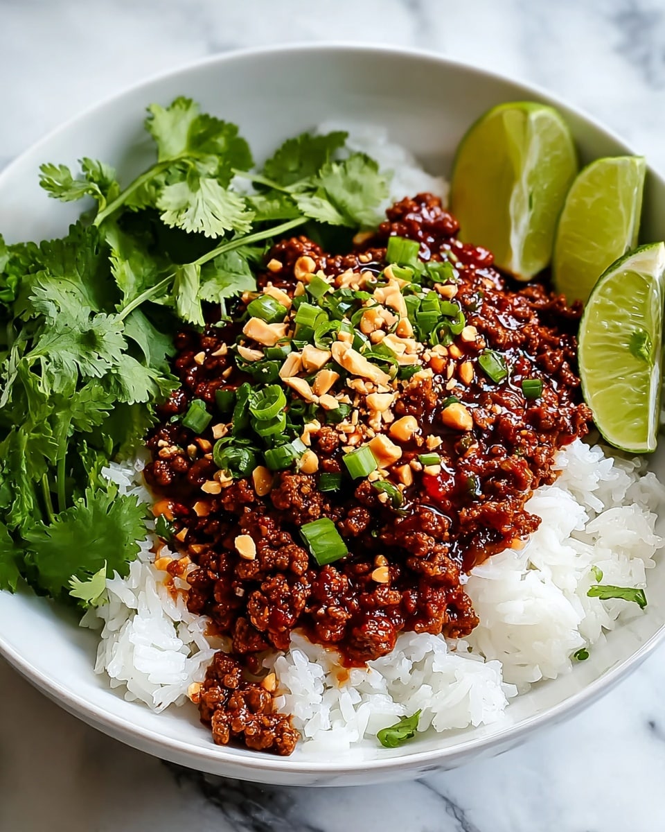 The dish features a white bowl filled with three main layers. The bottom layer is fluffy, white rice with a soft texture. On top of the rice, there is a generous layer of rich, dark brown ground meat mixed with a glossy, deep red sauce. The meat is sprinkled with chopped green onions and crushed light brown peanuts, adding a crunchy texture. Around the edges of the bowl, bright green fresh cilantro leaves are placed, and there are two lime wedges positioned near the meat for a fresh pop of color. The bowl sits on a white marbled surface. Photo taken with an iphone --ar 4:5 --v 7