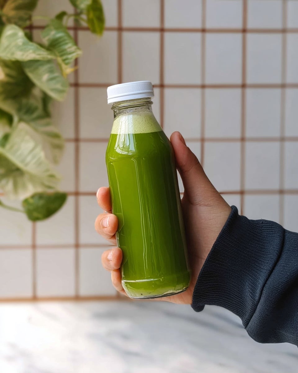 A clear glass bottle with a white cap holds a bright green, smooth liquid. The bottle is held by a woman's hand wearing a dark long sleeve. The background shows a white tiled wall with some green plant leaves in the distance, all on a white marbled surface. photo taken with an iphone --ar 4:5 --v 7