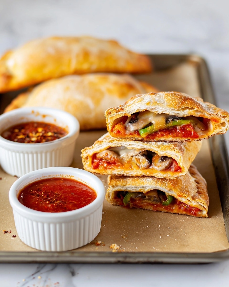 The image shows a calzone sandwich cut into three stacked parts placed on a baking tray with parchment paper. Each part reveals three layers inside: the outside layer is light golden-baked dough, the middle layer contains bright red tomato sauce, and the inner layer has a mix of green bell peppers, brown mushrooms, and melted cheese. Behind the stacked calzone pieces, there are two whole calzones with a golden crust. In the front left, a white ramekin is filled with red chili flakes, and next to it, another white ramekin holds thick red marinara sauce with one calzone piece dipped vertically inside. The scene is set on a white marbled textured surface. Photo taken with an iphone --ar 4:5 --v 7