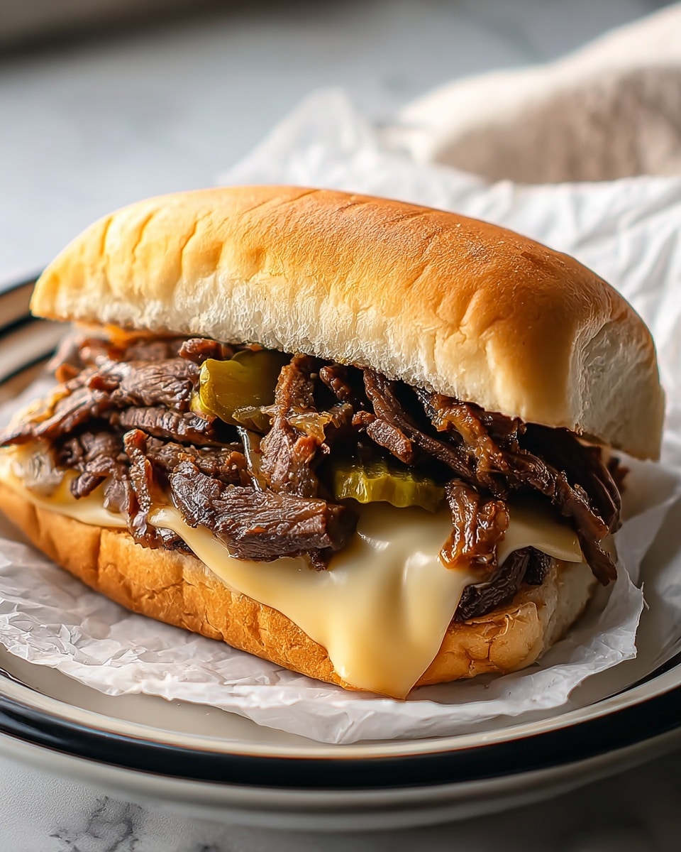 The image shows a close-up of a sandwich made with a soft, golden-brown bun sliced open to reveal its filling. Inside, multiple layers of thinly sliced cooked beef are mixed with sautéed onions and green chili peppers, topped with melted white cheese that stretches slightly over the meat and vegetables. The sandwich looks juicy and well-stuffed, with the textures of tender meat, soft cheese, and slightly glossy cooked vegetables clearly visible. The photo has a white marbled surface in the background, and a woman's hand is holding the sandwich from the side. photo taken with an iphone --ar 4:5 --v 7