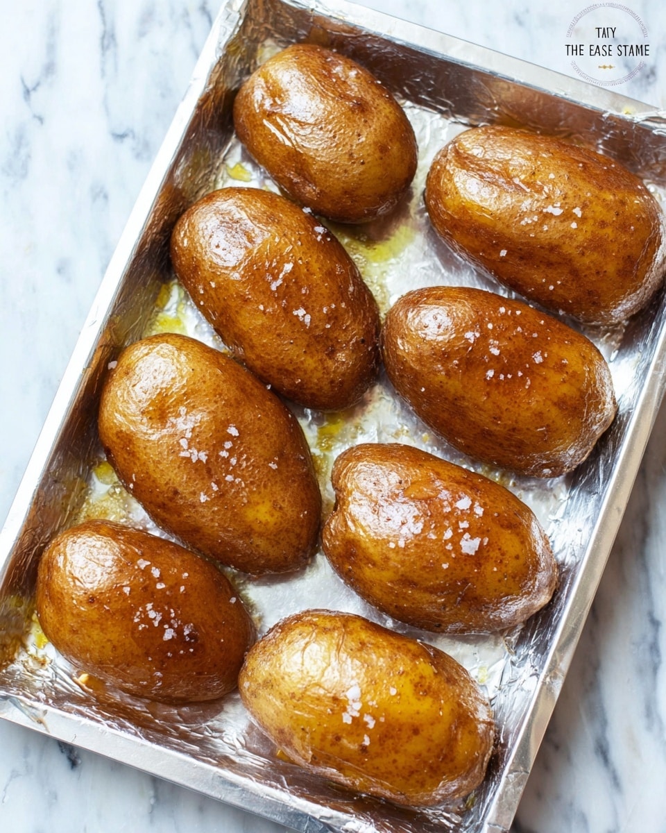 The image shows seven shiny baked potatoes with a golden brown, slightly crispy skin, arranged in two rows on a silver foil-lined baking tray. Each potato has a smooth, glistening surface with small salt flakes scattered across them, giving a glossy, appetizing texture. The tray sits atop a white marbled surface. photo taken with an iphone --ar 4:5 --v 7