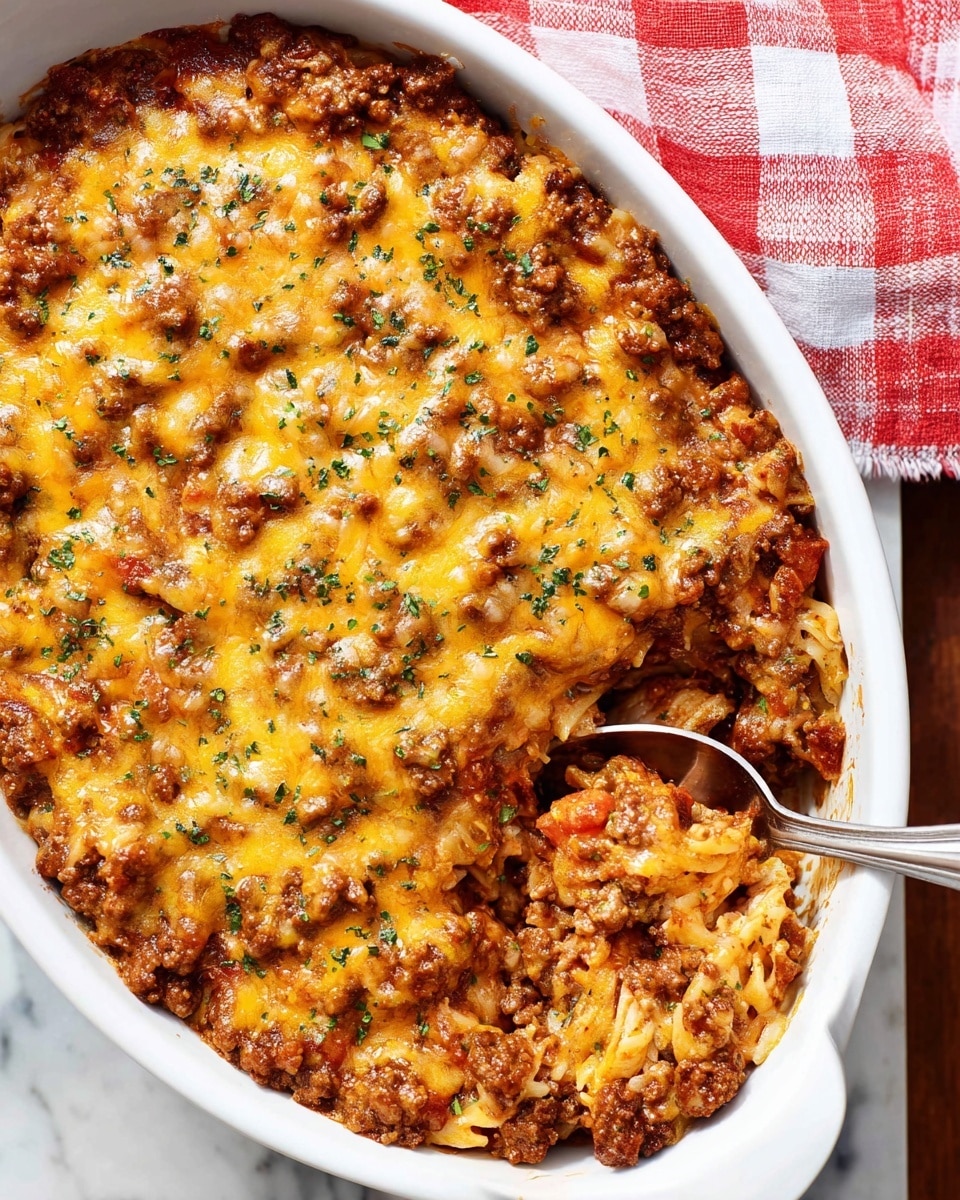 The image shows a white oval ceramic dish filled with a baked ground beef casserole that has three visible layers. The bottom layer appears to be cooked diced potatoes or a similar pale ingredient, followed by a thick layer of browned ground beef mixed with small bits of onion. The top layer is melted cheese that is golden yellow with hints of white, slightly browned and bubbly, sprinkled with small green herb bits. A spoon scoops up some of the casserole, revealing the mixed texture of meat and potatoes underneath. The dish is set on a white marbled surface. photo taken with an iphone --ar 4:5 --v 7