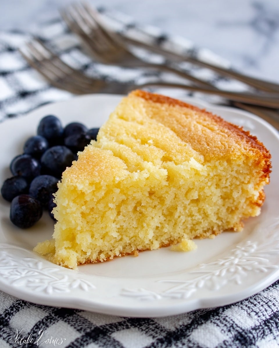 A piece of yellow cake with a slightly brown edge is placed on a white plate with a detailed floral border. The cake looks soft and moist with a crumbly texture. A silver fork holds a small piece of the cake lifted slightly above the plate. In the background, there are three more white plates each holding a similar piece of yellow cake, all arranged on a white marbled surface covered with a black and white checkered cloth. photo taken with an iphone --ar 4:5 --v 7