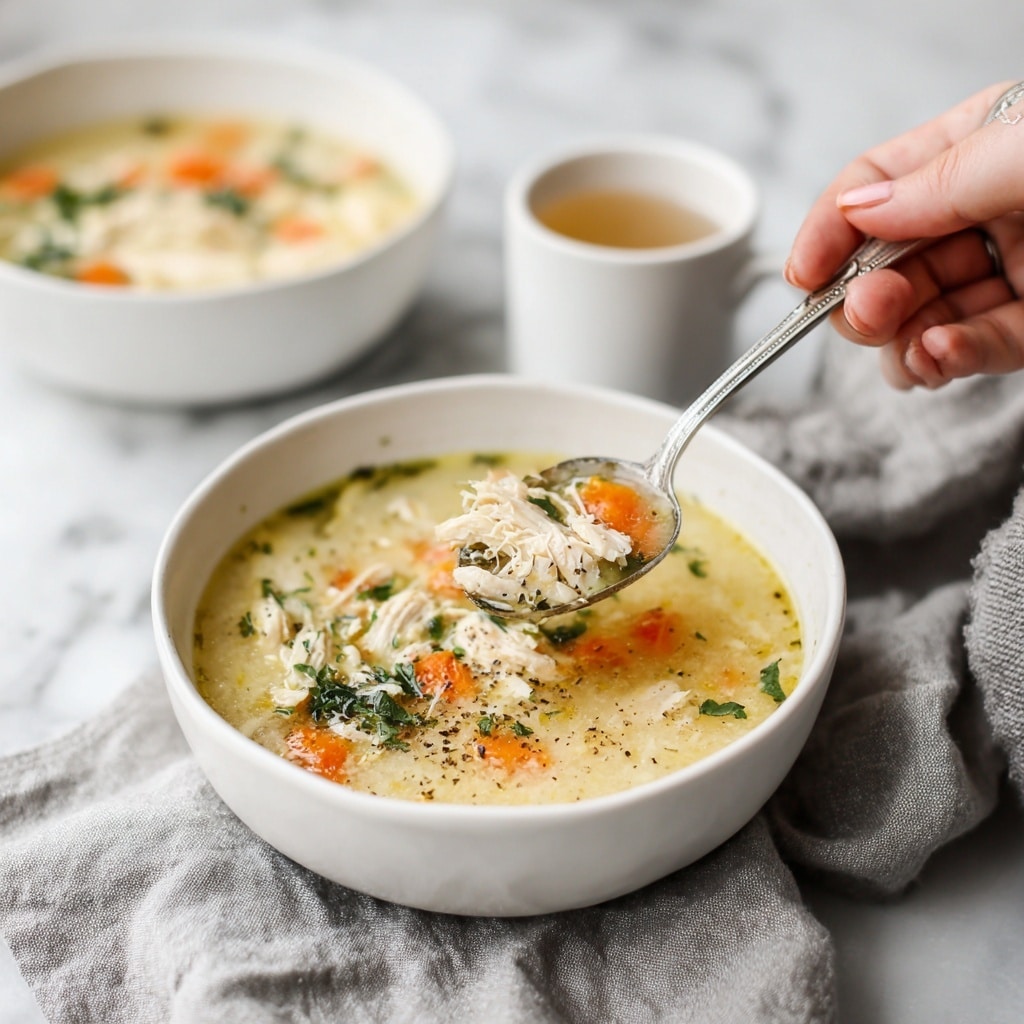 A close-up of a white bowl filled with chicken soup, showing three main layers: a clear yellow broth at the bottom, mixed with soft shredded chicken pieces in light beige, and bright orange carrot chunks along with green spinach leaves floating on top. A silver spoon held by a woman's hand lifts a portion of the soup, showing stringy chicken, carrot, and spinach together. The bowl sits on a gray and white striped cloth on a white marbled surface, with a second identical bowl of soup blurred in the background along with two out-of-focus candles. Photo taken with an iphone --ar 4:5 --v 7