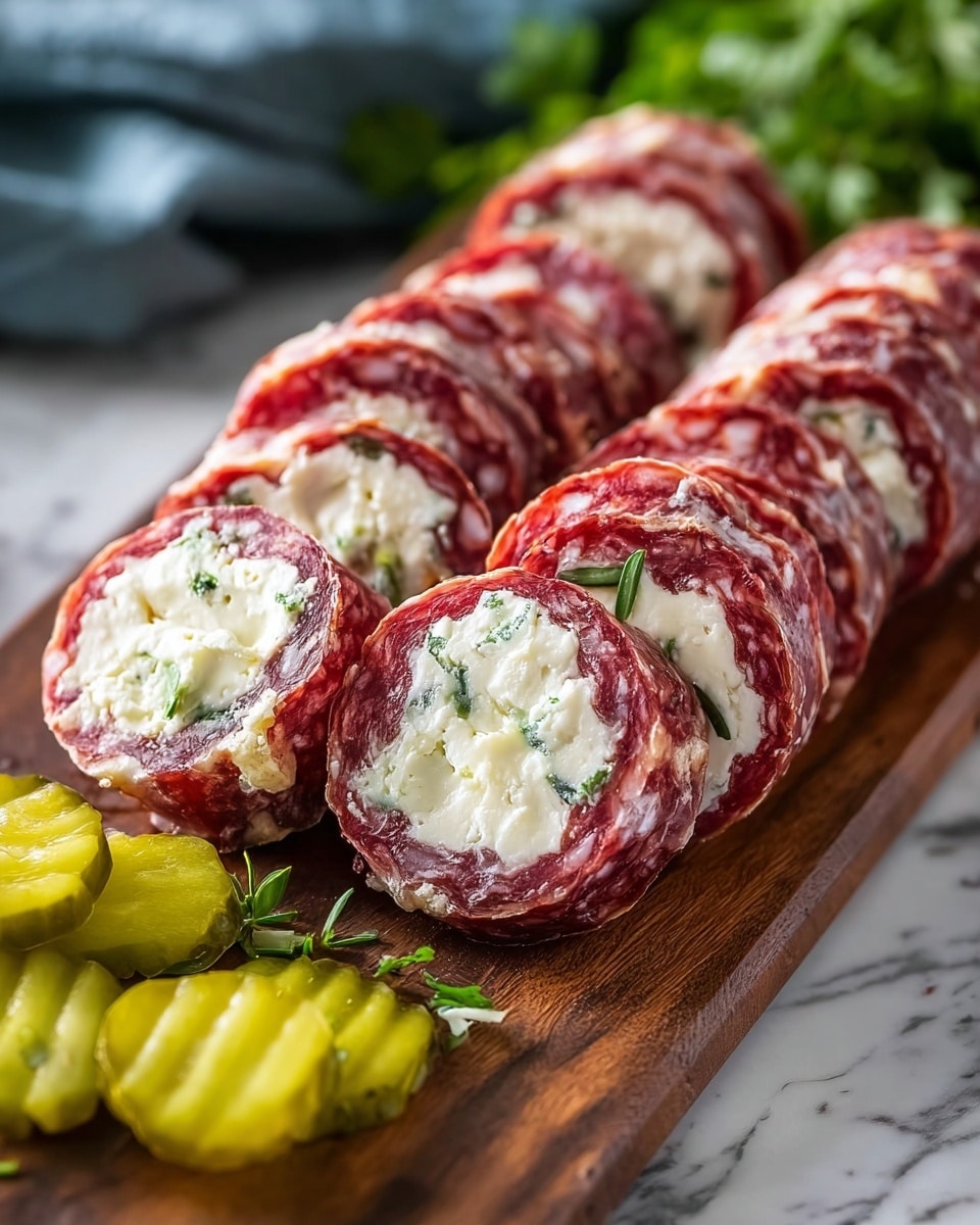 The image shows three rows of bite-sized salami rolls filled with a white, creamy cheese mixture with visible bits of green herbs inside. The salami slices are deep red with white specks of fat and tightly wrapped around the filling, with each roll cut into thick, round slices. The rolls are placed on a wooden board, with some bright green pickles sliced into rounds scattered in the foreground. In the background, green herbs add a fresh touch, all set against a white marbled texture surface. photo taken with an iphone --ar 4:5 --v 7