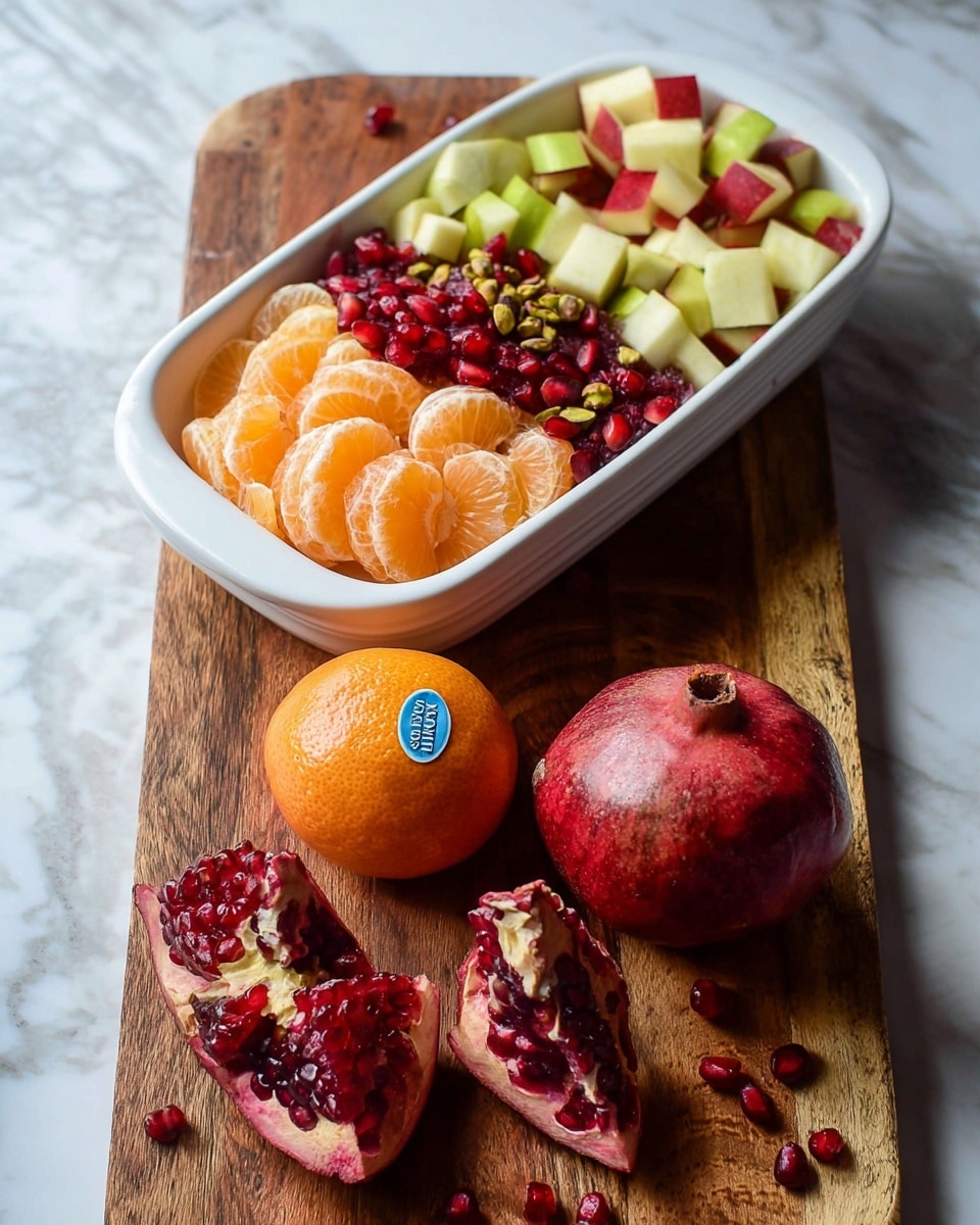 A white rectangular dish holds a colorful fruit mix arranged in layers: cubed light green and red apple pieces on the left and right sides with light green pistachios scattered, ruby red pomegranate seeds piled up in the center and around, and bright orange peeled tangerine segments stacked in the middle front. In front of the dish, on a thick wooden board with a rich brown color, there is a whole tangerine with a blue sticker, sitting next to two wedges of a dark red pomegranate revealing shiny red seeds inside. Below the board on a white marbled surface, there is a whole red pomegranate cut into two pieces with visible seeds and two whole tangerines spaced apart on the right side. The whole scene is well lit, showing the textures of the fruit, wood, and marble clearly. photo taken with an iphone --ar 4:5 --v 7
