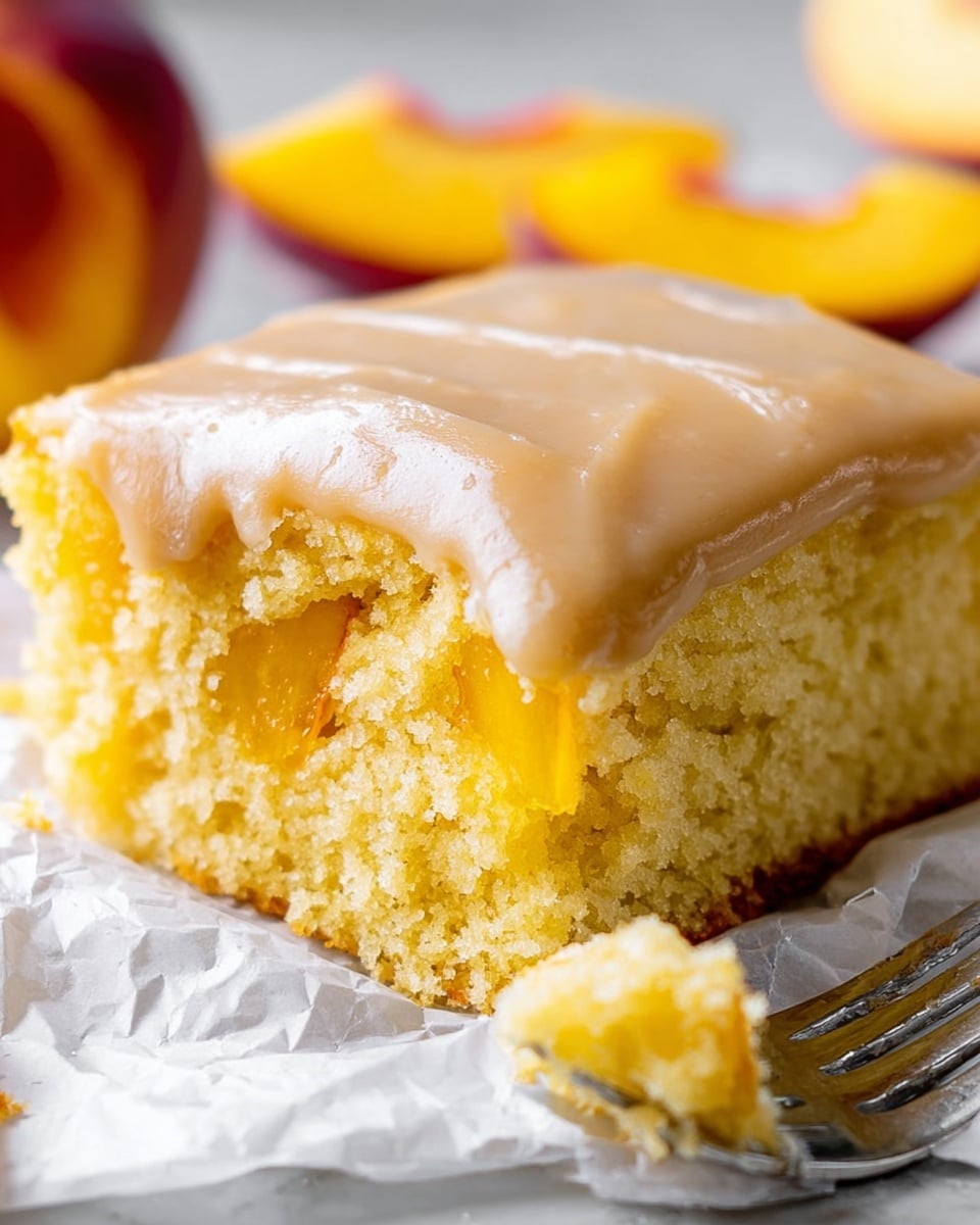 A close-up image shows a square slice of yellow peach cake with a light brown, smooth icing layer on top that has small cracks. The middle layer is a moist yellow cake with pieces of peach visible inside, giving a soft and crumbly texture. The cake slice sits on crumpled white parchment paper over a white marbled surface. A silver fork with small cake crumbs rests in front of the slice. In the background, blurred peach wedges are visible, adding fresh fruit detail. Photo taken with an iphone --ar 4:5 --v 7