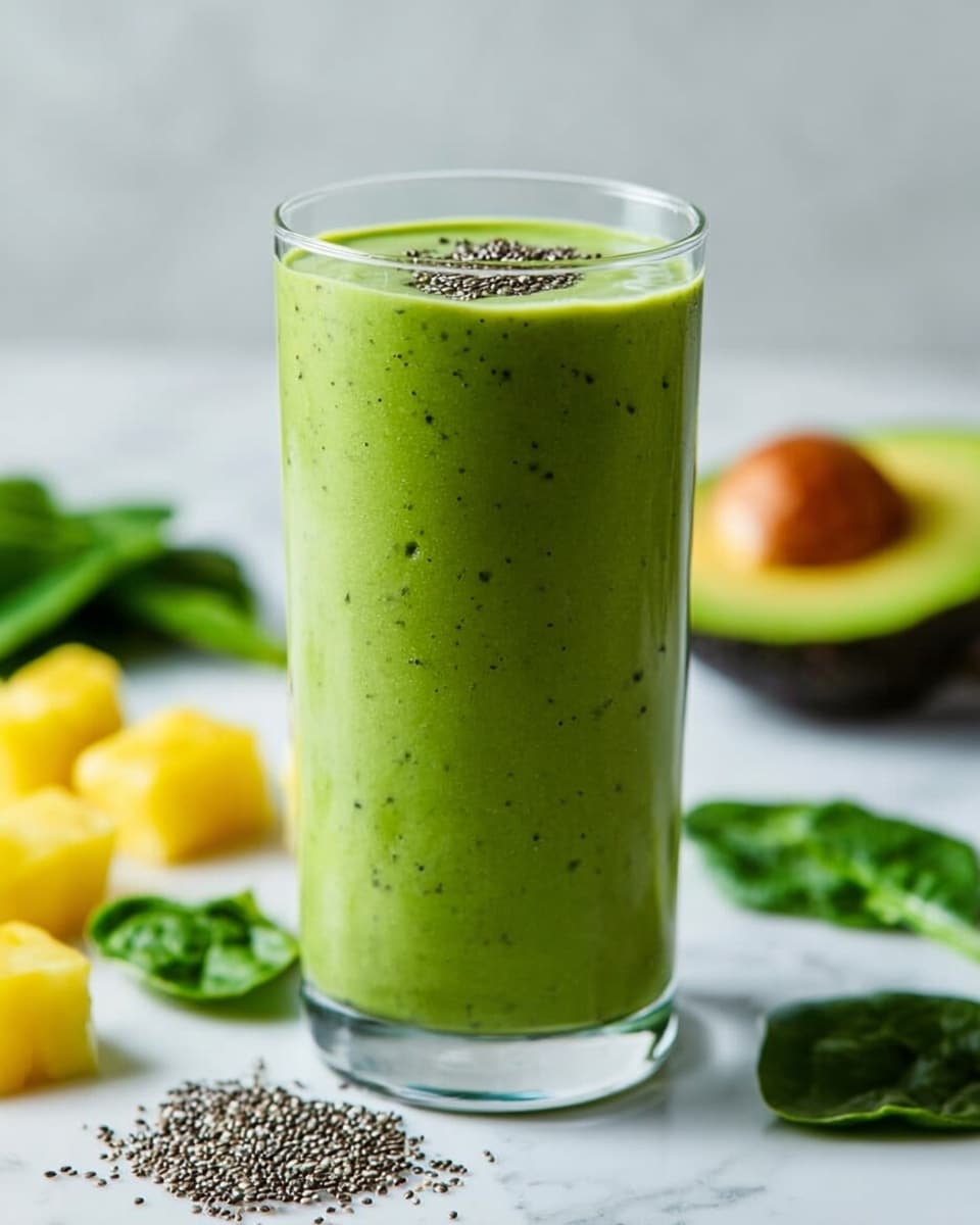 A tall clear glass is filled with a thick, smooth green smoothie that has tiny dark specks mixed throughout its texture. The green color is bright and fresh, showing a blend of leafy greens and fruit. On top, the smoothie is sprinkled with a handful of small black chia seeds. Around the glass on a white marbled surface, there are fresh green spinach leaves, half an avocado with its pit visible, and some yellow pineapple chunks slightly blurred in the background. Photo taken with an iphone --ar 4:5 --v 7