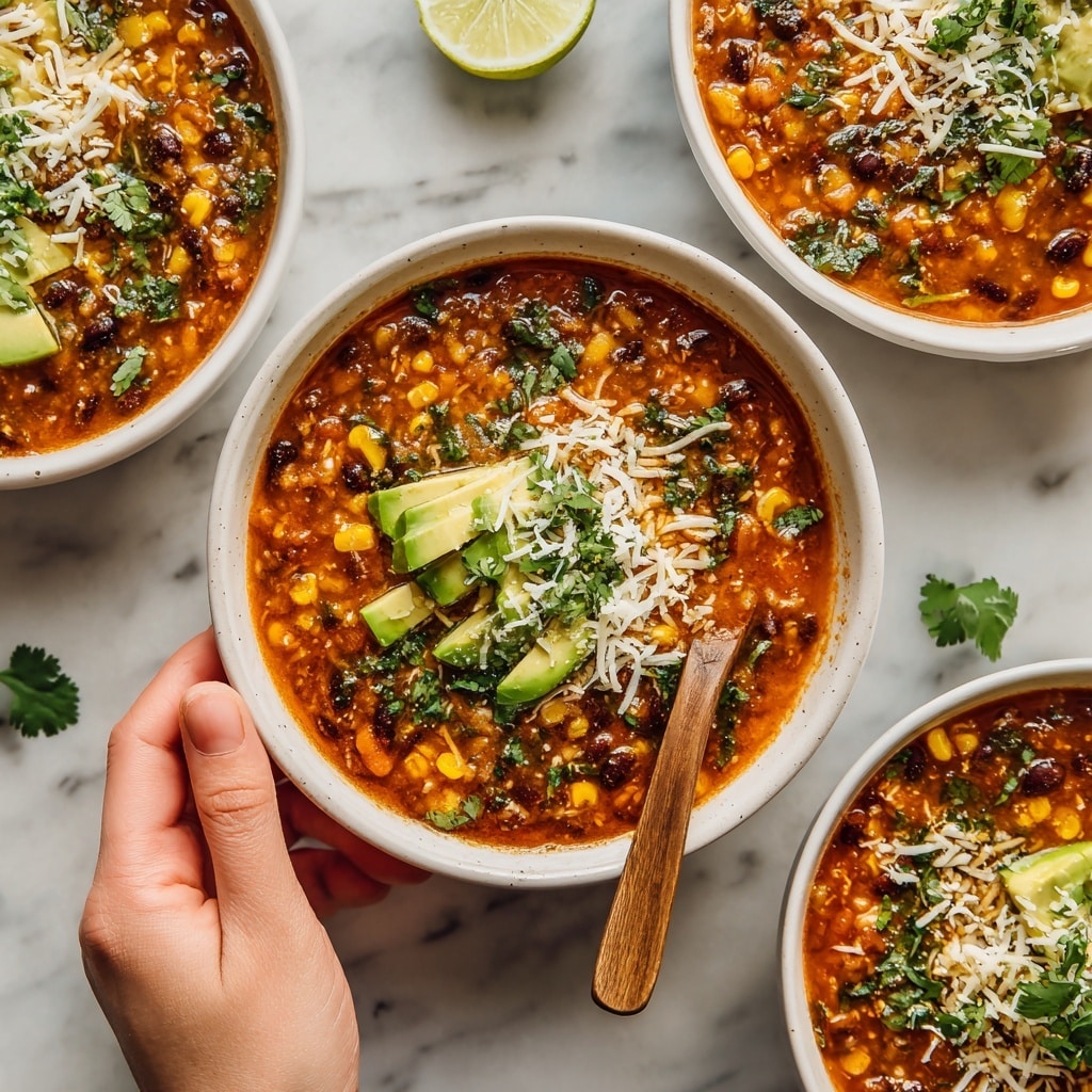 A white bowl filled with creamy orange soup as the base layer, dotted with black beans and yellow corn kernels adding texture and color throughout. On top, there are chunky green avocado slices arranged to one side, and a dollop of thick white sour cream placed nearby. A generous sprinkle of shredded white cheese covers the center portion, mixed with small green cilantro leaves that add freshness and contrast. A wooden spoon is partially dipped into the soup, resting in the bowl. The setup sits on a white marbled surface with blurred green and lime wedges in the background. photo taken with an iphone --ar 4:5 --v 7