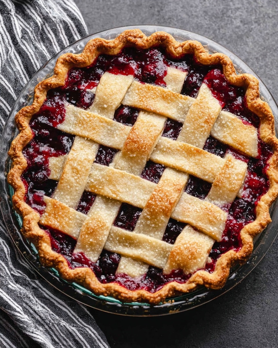 The image shows a whole round pie with a golden-brown lattice crust on top. The crust is made of thick, pale yellow strips with a slightly crispy texture, arranged in a woven pattern revealing a deep red mixed berry filling underneath, which looks juicy and glossy with visible whole berries. The pie has a scalloped edge that is evenly browned with a slight shine from sugar or glaze. It is placed in a clear glass pie dish, sitting on a dark grey surface with a striped cloth nearby. photo taken with an iphone --ar 4:5 --v 7