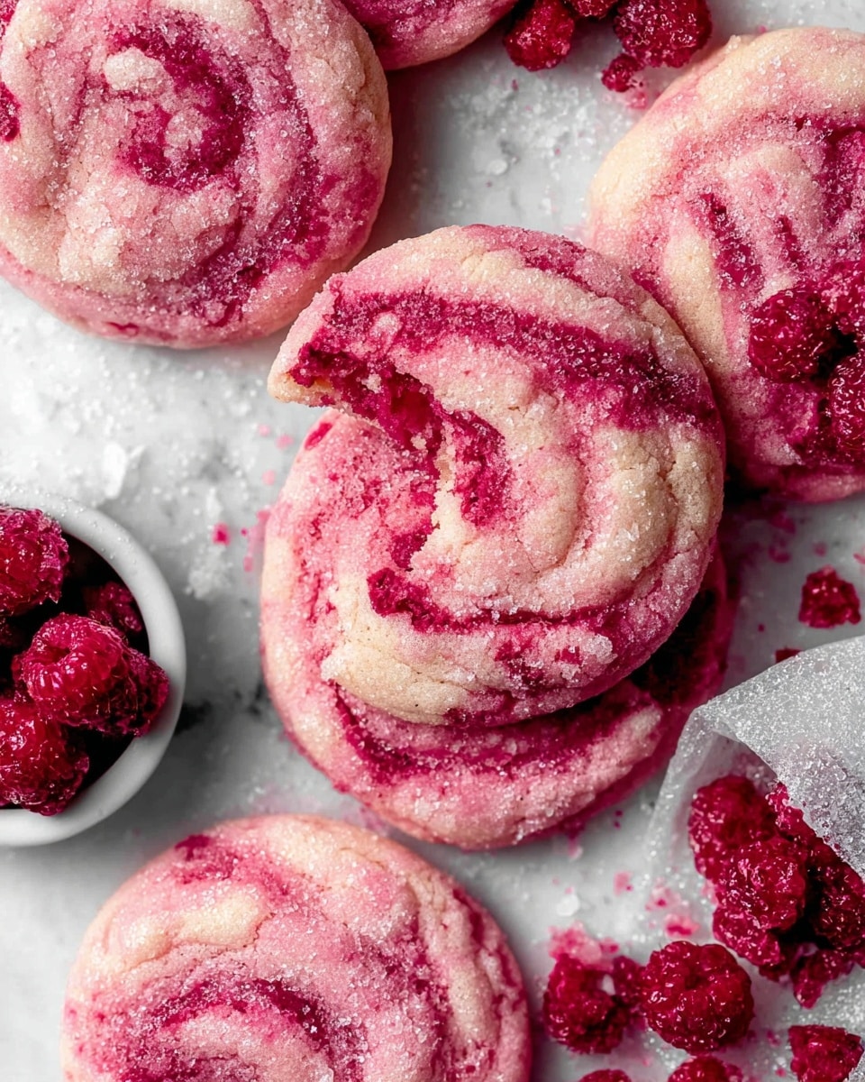 The image shows a close-up of six soft, round pink cookies with swirls of darker red mixed throughout, giving them a marbled look. The cookies have a slightly rough texture with a light coating of sugar crystals on top. One cookie in the center has a bite taken out of it, revealing a soft inside. Scattered around the cookies are frozen raspberries, adding detail and color contrast. The cookies rest on a white marbled surface with a small white dish partially visible on the left and a translucent paper pouch partially open on the right, spilling more frozen raspberries onto the surface. Photo taken with an iphone --ar 4:5 --v 7