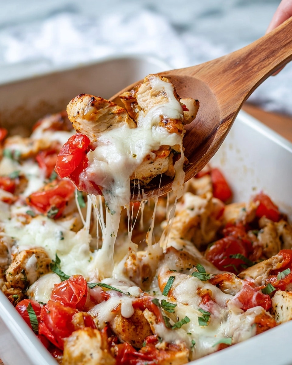 A close-up of a wooden spoon lifting a serving from a white baking dish filled with a mix of chunky cooked chicken pieces, bright red chopped tomatoes, and melted creamy white cheese stretching from the spoon back into the dish. The chicken is golden brown with a slight sear, the tomatoes are fresh and soft, and bits of green herbs are sprinkled on top. The baking dish sits on a white marbled surface, and a woman's hand holds the wooden spoon, bringing the cheesy, hearty mix closer to the camera. photo taken with an iphone --ar 4:5 --v 7