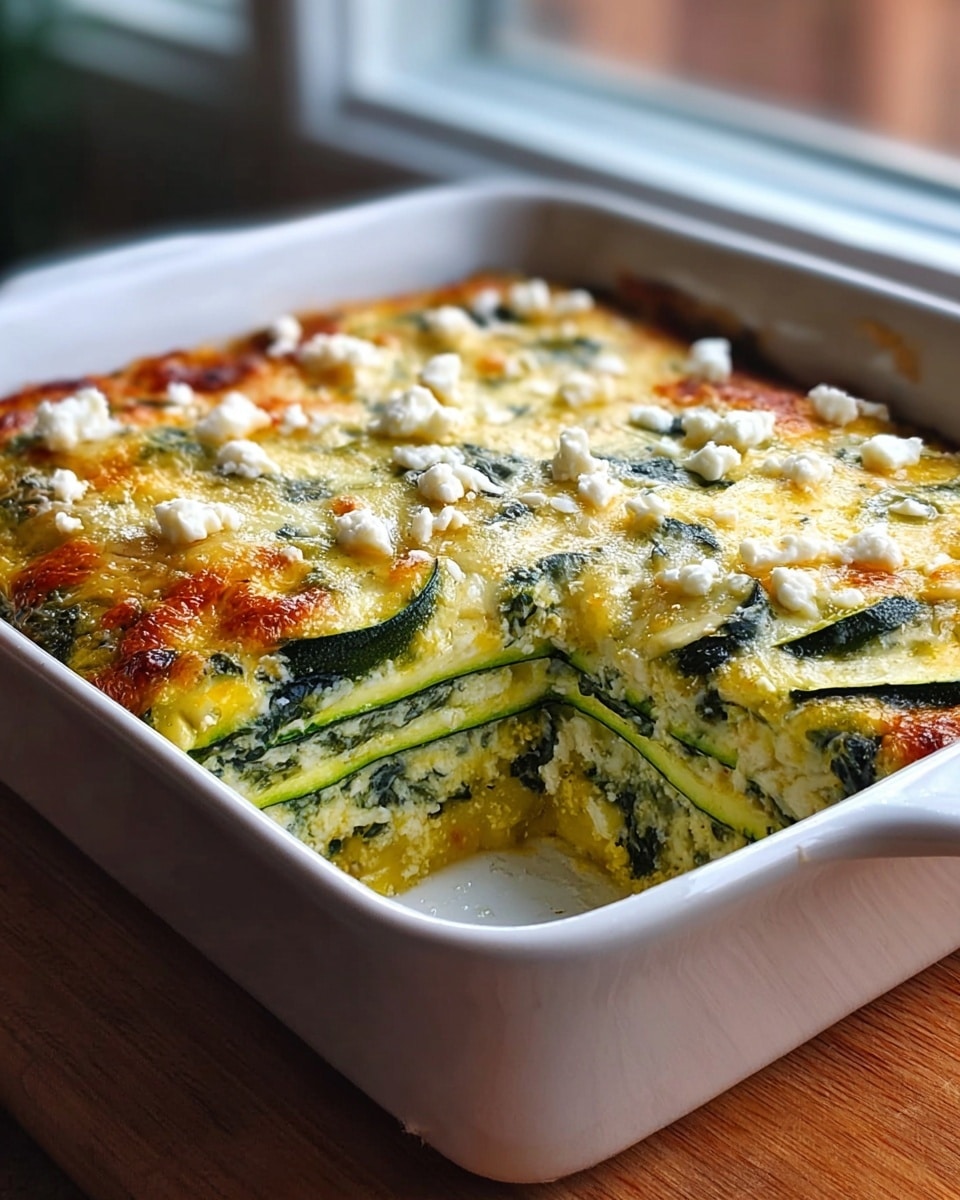 A baked layered casserole in a white rectangular dish sitting on a wooden surface beside a window with blurred background; the top layer is golden brown melted cheese dotted with small white cheese crumbles, underneath are thin green zucchini slices aligned vertically around the sides with a creamy yellow egg and spinach mixture filling the interior; the texture shows a slightly crispy top with soft, moist layers visible on the side edge. Photo taken with an iphone --ar 4:5 --v 7