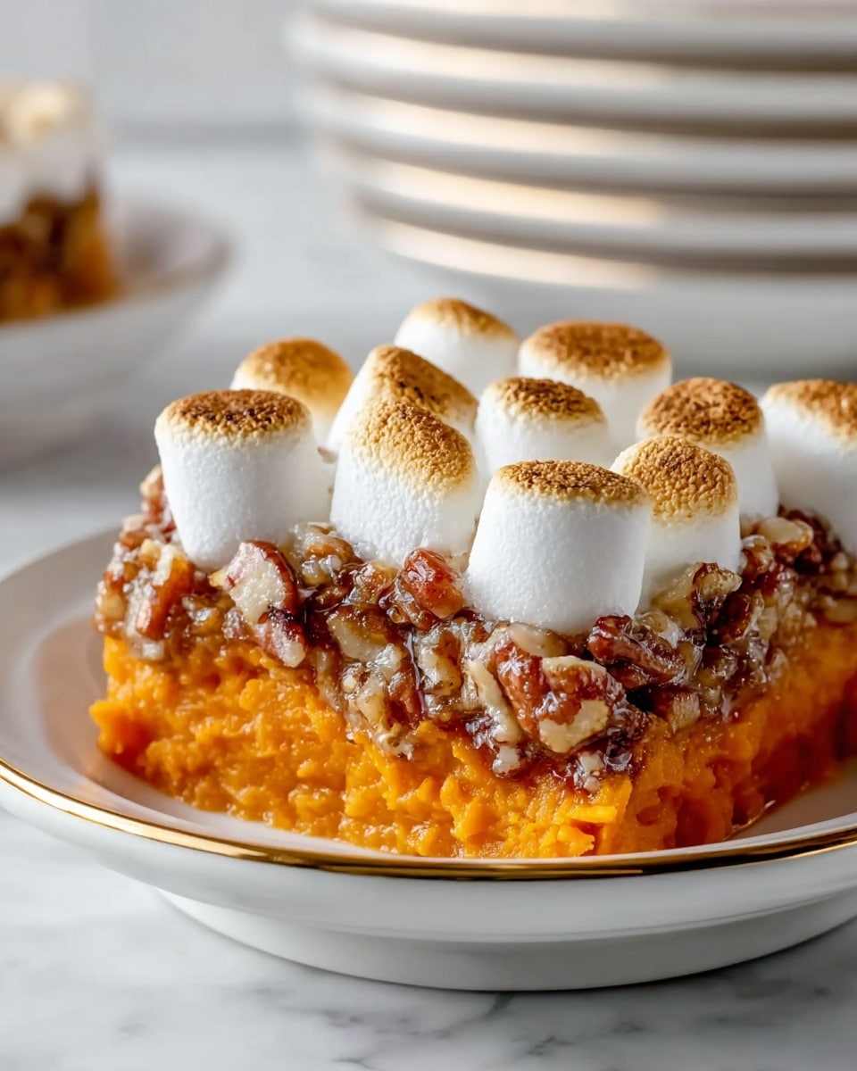 A close-up view of a dish with three clear layers on a white plate with a thin gold rim. The bottom layer is smooth, bright orange sweet potato mash. On top of that is a chunky, glossy pecan and brown sugar mixture with a sticky texture and visible nut pieces. The top layer has small, white toasted marshmallows, each with a golden-brown toasted top, forming a soft, fluffy, and slightly melted crown over the nuts. The scene is set on a white marbled surface with blurred stacked white plates in the background. photo taken with an iphone --ar 4:5 --v 7