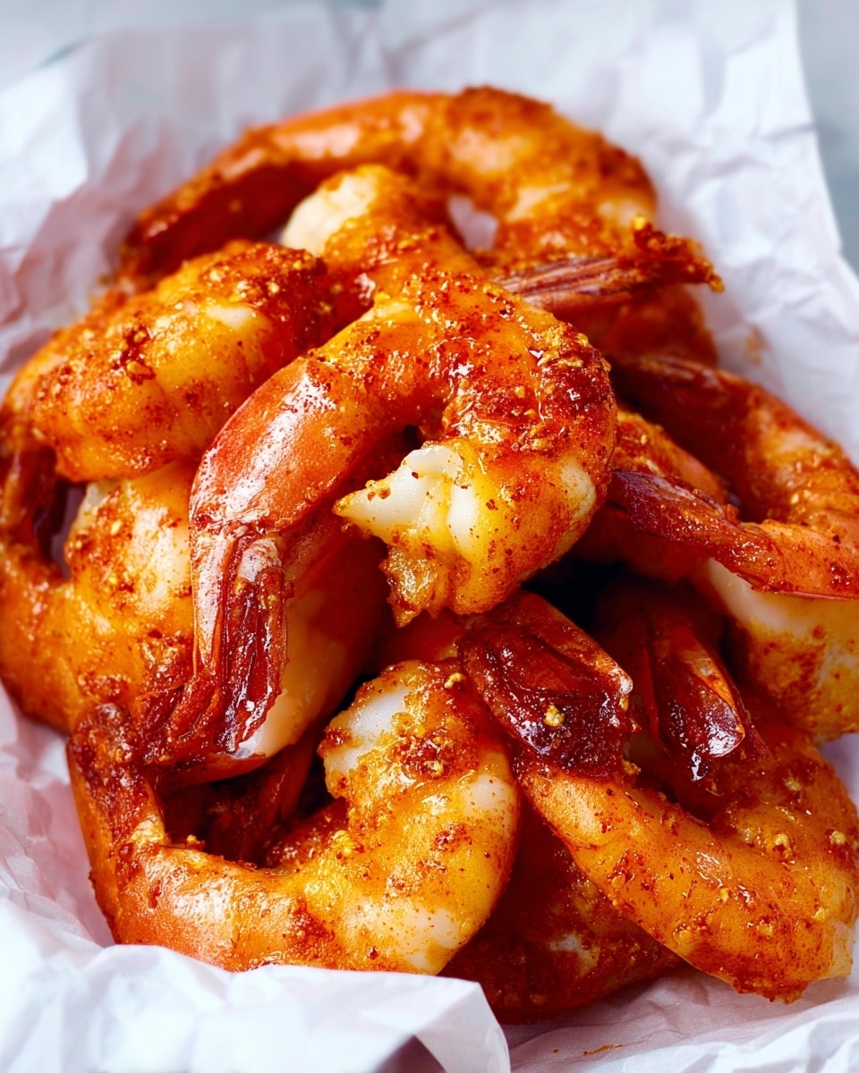This image shows a close-up of several cooked shrimp piled together, each shrimp covered with a reddish-orange seasoning that gives a slightly shiny, spicy look. The shrimp are curved and have a firm texture, with some showing a white, tender inside where the shell ends. They rest on crumpled white paper, all set on a white surface with a marbled texture that adds a clean, bright background to the warm colors of the shrimp. photo taken with an iphone --ar 4:5 --v 7