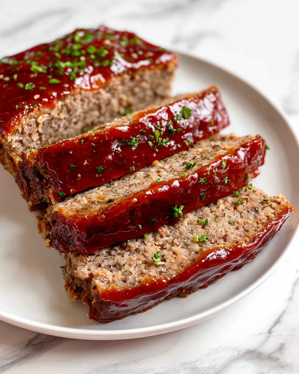 Four thick slices of meatloaf lie side by side on a white plate, each slice showing a dense, coarse texture in light brown color with small bits of herbs and vegetables. A shiny, deep red glaze covers the top of three slices, dripping slightly down the sides, and small green parsley pieces are sprinkled over the glaze. The background is a white marbled surface. photo taken with an iphone --ar 4:5 --v 7