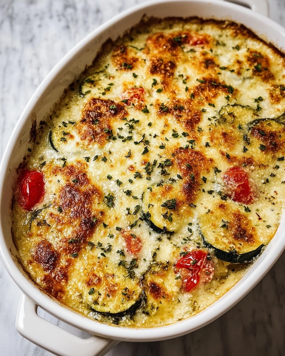 A baked casserole with a golden brown melted cheese crust on top, sprinkled with small green herb leaves, showing some browned, bubbly cheese spots. Underneath the cheese layer are slices of green zucchini and pieces of red tomato, all mixed together in a creamy, slightly chunky white sauce. The casserole is served in a white oval ceramic dish resting on a white marbled surface. photo taken with an iphone --ar 4:5 --v 7