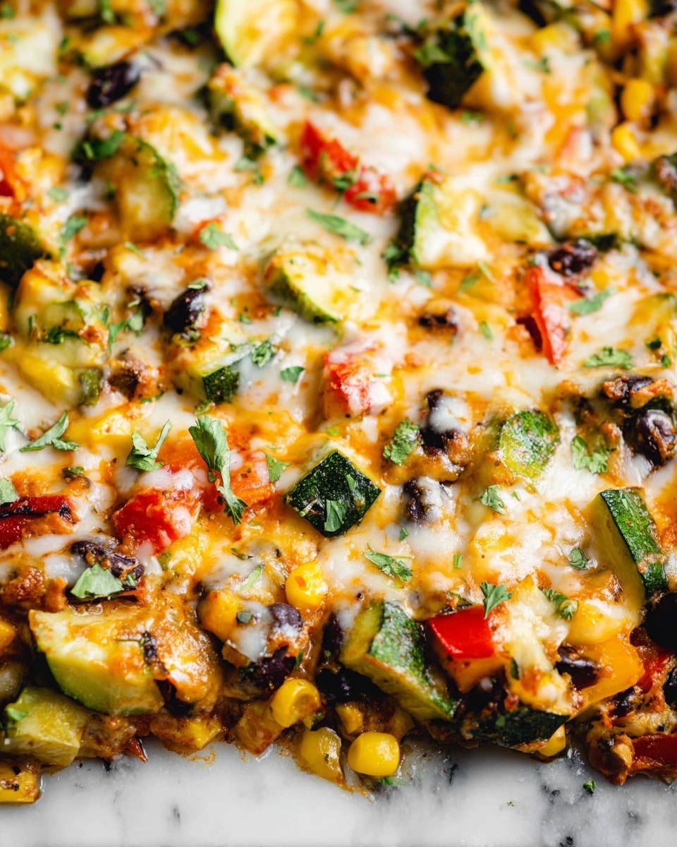 This close-up image shows a colorful vegetable bake with two visible layers. The bottom layer consists of chunky pieces of green zucchini, red and green bell peppers, black beans, and yellow corn, spread evenly. The top layer is melted cheese in a mix of white and orange shades, covering the vegetables with a creamy texture and small browned spots. Fresh green herbs are sprinkled on top, adding a fresh touch. The whole dish looks warm and gooey, sitting on a surface with white marbled texture. photo taken with an iphone --ar 4:5 --v 7