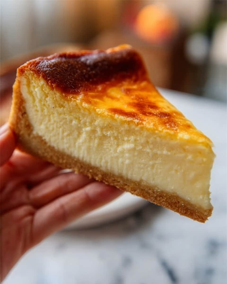 A slice of cheesecake is held by a woman's hand, showing three thick layers: a golden brown crisp top layer with some darker caramelized spots, a thick creamy light yellow middle layer that looks soft and smooth, and a thin pale crust at the bottom. The background is blurred with warm colors, and the image surface is a white marbled texture. Photo taken with an iphone --ar 4:5 --v 7