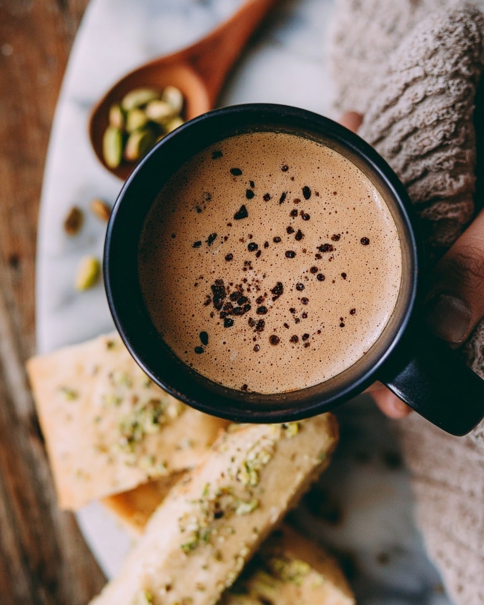 A close-up view of a creamy light brown beverage in a round metal cup, topped with small dark brown specks evenly spread on the surface. The cup is placed near a white bread piece with a coarse texture and sprinkled with green seasoning. To the right, a wooden spoon holds a few green cardamom pods. All items rest on a white marbled textured surface. photo taken with an iphone --ar 4:5 --v 7