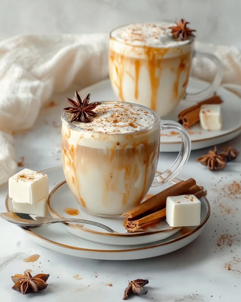 A close-up view of a glass jar filled with a creamy light beige drink, topped with a sprinkle of fine brown powder evenly spread on the surface. Two medium brown cinnamon sticks are placed standing up inside the jar near the edge, and a single dark brown star anise floats gently in the center of the creamy top layer. The background shows a white marbled texture. Photo taken with an iphone --ar 4:5 --v 7