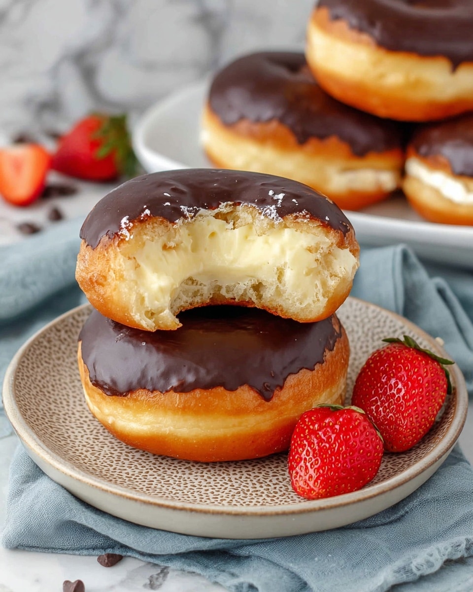 A stack of seven round doughnuts with a golden brown base and a smooth, glossy dark chocolate glaze covering the top half of each doughnut. Each doughnut has small white creamy filling spots visible on the side, showing the creamy layer inside. They are placed closely together on a dark textured plate, set on a white marbled surface. In the background, a single doughnut lies on a black cooling rack, and a soft blue cloth is casually draped behind the doughnuts. Photo taken with an iphone --ar 4:5 --v 7