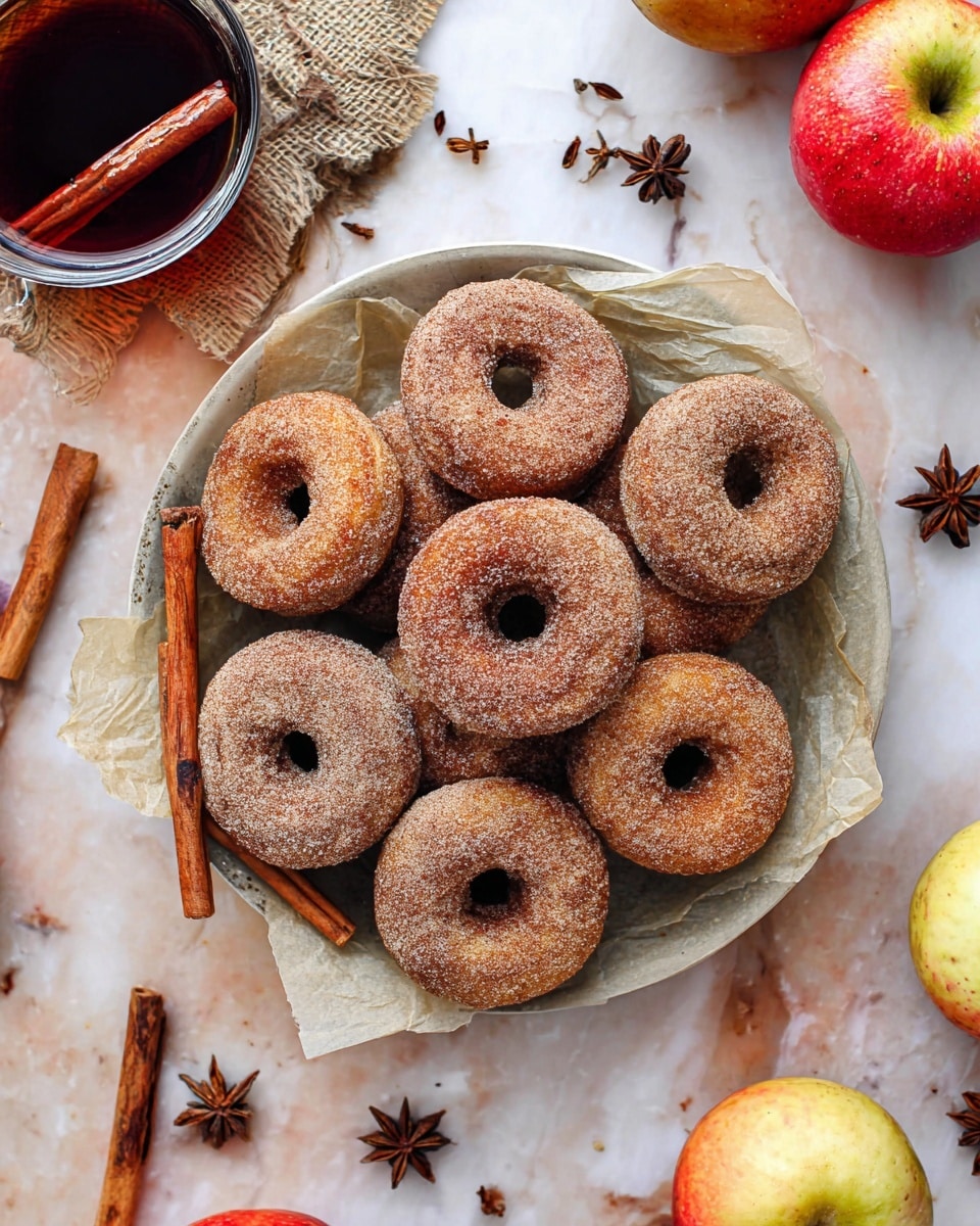 A group of six sugar-coated baked apple cider donuts are placed over a white cloth with a soft texture, resting on a white marbled surface. Each donut is golden brown with a rough sugar layer covering the round shape, having a visible hole in the middle. Around the donuts, there are three cinnamon sticks with a rough, light brown texture, two green autumn leaves, and a half-cut green apple with a smooth skin and visible seeds. The background includes a blurred jar and a metal object, adding rustic touches. Photo taken with an iphone --ar 4:5 --v 7