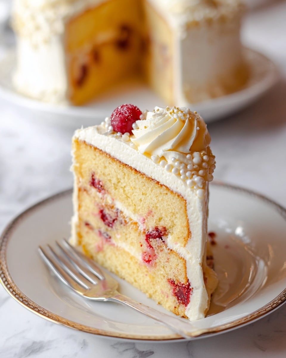A tall round cake with smooth light cream-colored frosting covering the outside and top, decorated with eight evenly spaced swirls of thick cream around the edge, each topped with a single red berry. The top surface is sprinkled with small white round sprinkles. One slice is being lifted with a shiny silver cake server, showing the cake's light tone inside under the frosting. The cake sits on a white marbled surface. photo taken with an iphone --ar 4:5 --v 7