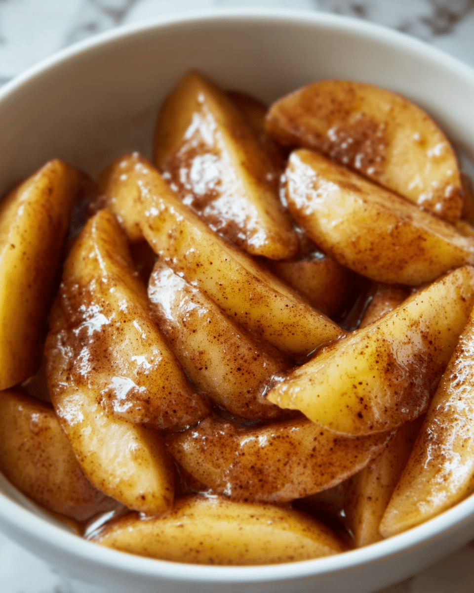 The image shows cooked pear slices in a white baking dish. The pear slices are golden yellow with brown cinnamon specks evenly spread on top and give a glossy, syrupy texture. The slices are arranged in a slightly overlapping way, filling the dish with the syrup pooling around them at the bottom. The scene is close-up, focusing on the pear slices' soft and juicy look. The dish is set on a white marbled surface. photo taken with an iphone --ar 4:5 --v 7