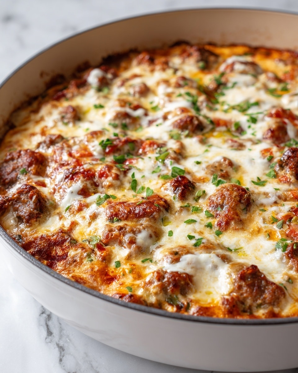 The image shows a baked dish in a white cast iron skillet with a light blue handle on a white marbled surface, with part of a gray and white striped cloth nearby. The dish has visible layers starting with a rich mix of cooked vegetables and rice in a reddish-brown sauce with chunks of red bell pepper and mushrooms. On top, there is a melted layer of white cheese that looks slightly browned in spots, with some fresh green herbs sprinkled over it. A silver spoon scoops out a portion, showing the mixed texture of rice, vegetables, and gooey cheese inside the pan. photo taken with an iphone --ar 4:5 --v 7