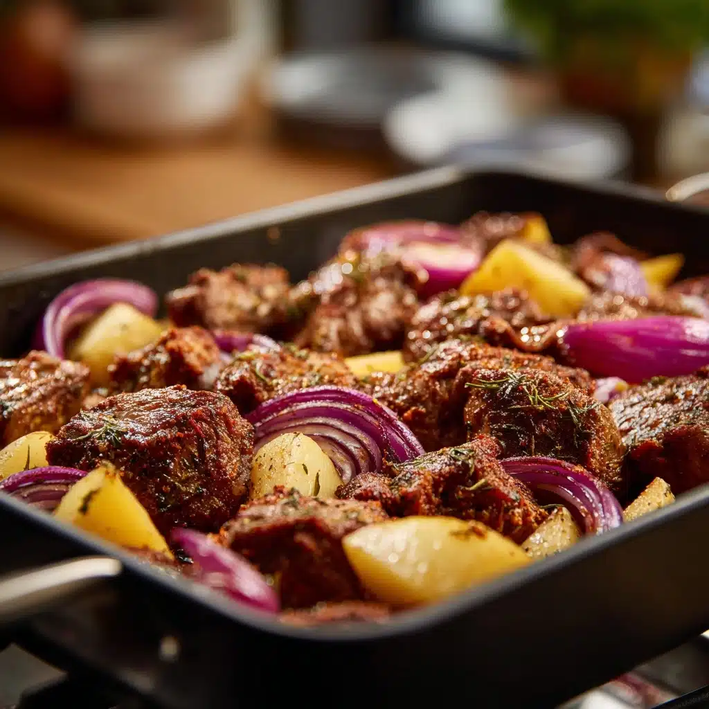 Place the lamb shoulder into your baking dish along with the potatoes, onions, and cleaned garlic cloves Recipe - Recipe Image