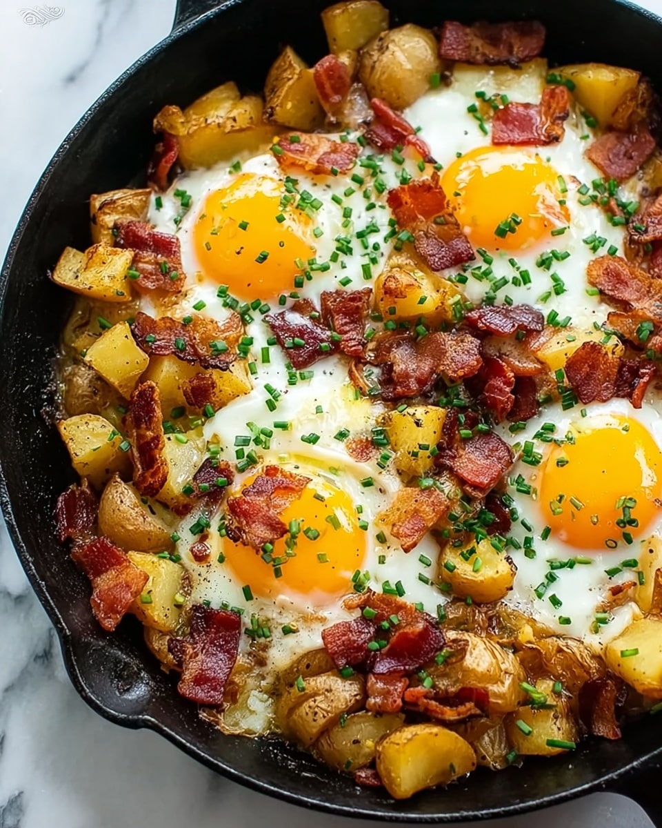 The image shows a black skillet filled with a dish made of four sunny-side-up eggs with bright yellow yolks spread evenly. Surrounding the eggs are pieces of golden-brown roasted potatoes with some slightly crispy edges. Small chunks of crispy bacon in reddish-brown hues are scattered across the dish, along with finely chopped green chives sprinkled on top for a fresh touch. The skillet sits on a white marbled surface. photo taken with an iphone --ar 4:5 --v 7