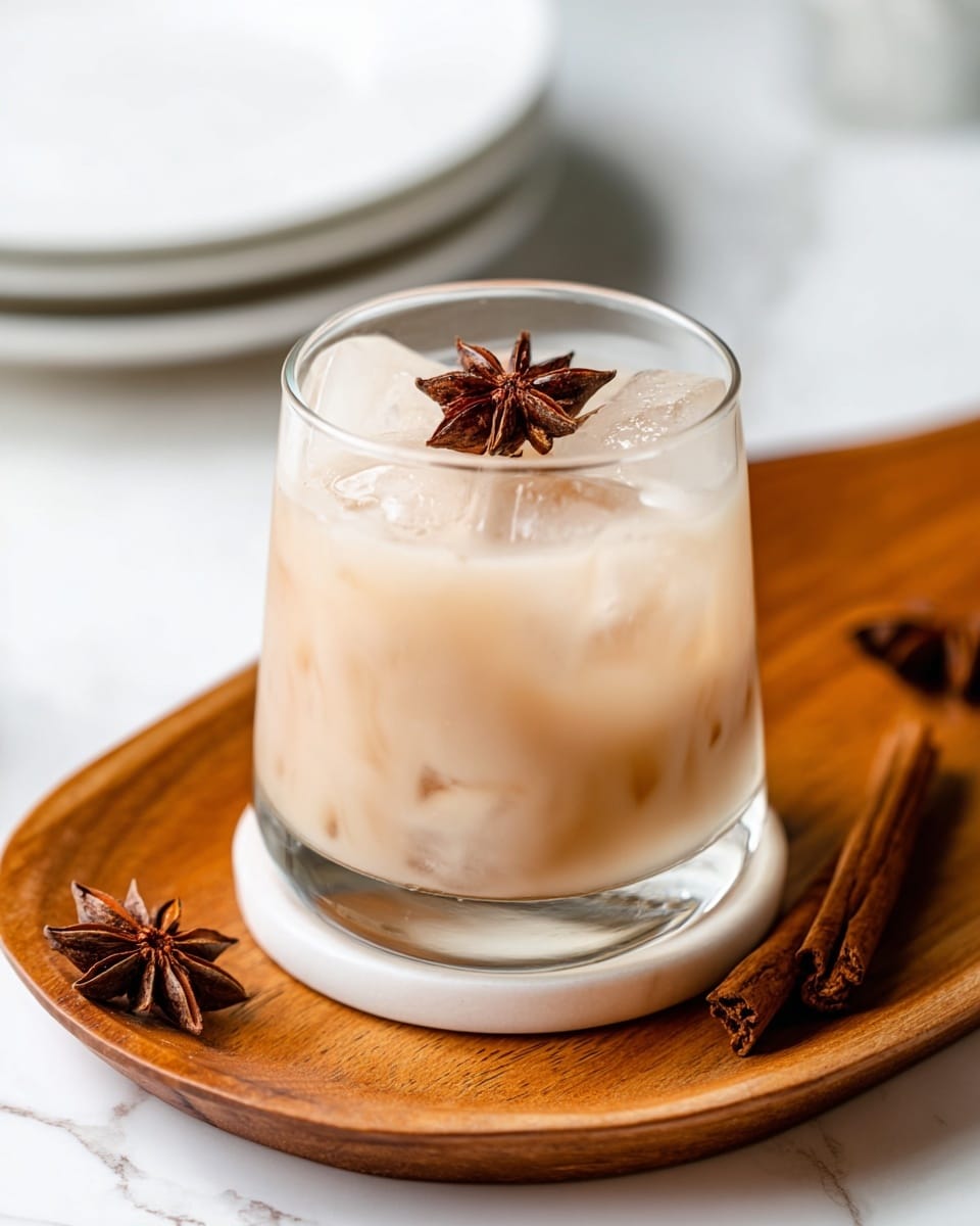 A clear glass holds a creamy light brown drink filled with ice cubes that sit partially submerged on the top layer. Garnishing the drink on the surface is a dark brown star anise. The glass rests on a small round white coaster, which is placed on a wooden tray with a warm brown tone. Around the glass on the tray, there are two star anise pods and a cinnamon stick. The whole setting is on a white marbled surface with blurred white plates in the background. Photo taken with an iphone --ar 4:5 --v 7