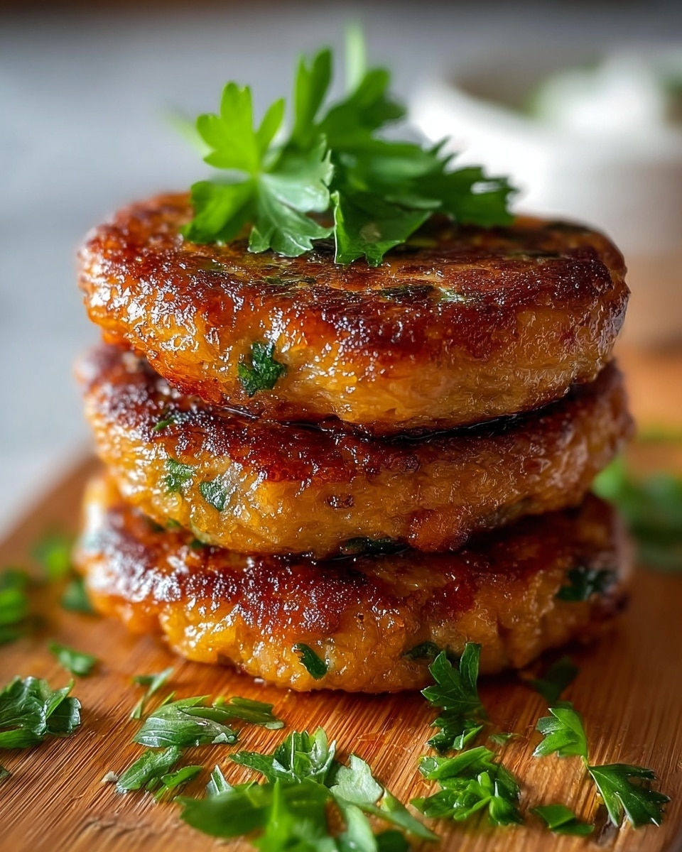 The image shows a stack of three golden-brown patties with a crispy, slightly glossy surface layered on top of each other. The patties have small green herb pieces visible inside, adding texture and color. On top of the stack is a small bunch of fresh green parsley leaves, adding a vibrant touch. More parsley leaves are scattered around the base on the wooden board beneath, which contrasts with the white marbled texture in the background. The lighting highlights the patties’ crispy edges and the fresh herbs clearly. photo taken with an iphone --ar 4:5 --v 7