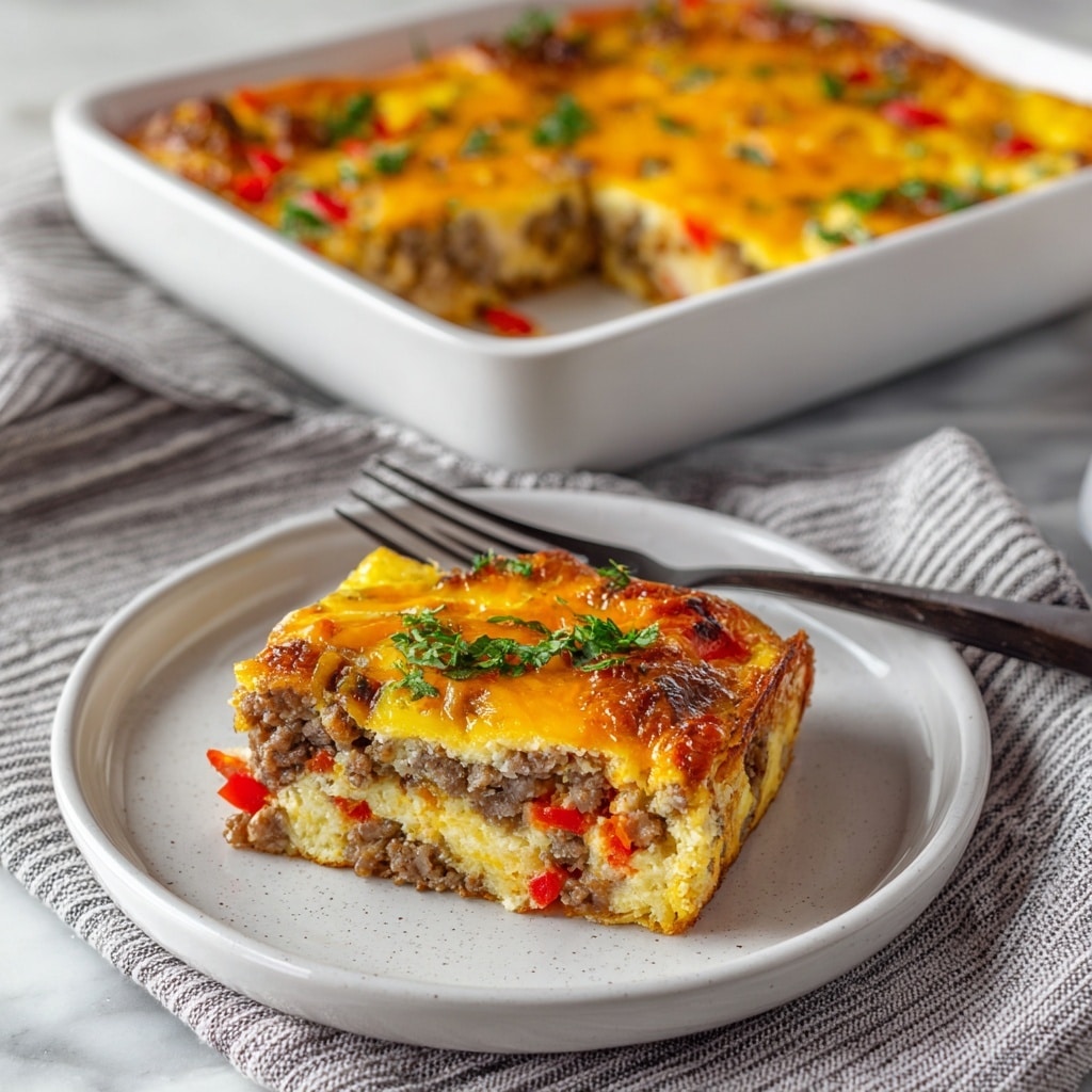 The image shows a white square baking dish full of a baked egg casserole with visible chunks of browned sausage and bright orange melted cheese on top. A piece is cut out and placed on a small white round plate in the foreground. The casserole slice includes layers with sausage, eggs, red pepper pieces, and melted cheese, all melted together with a slightly browned top. A dark fork rests diagonally on the white plate beside the casserole slice. The dish and plate are set on a soft textured grey and white striped cloth, all placed on a white marbled surface. Photo taken with an iphone --ar 4:5 --v 7