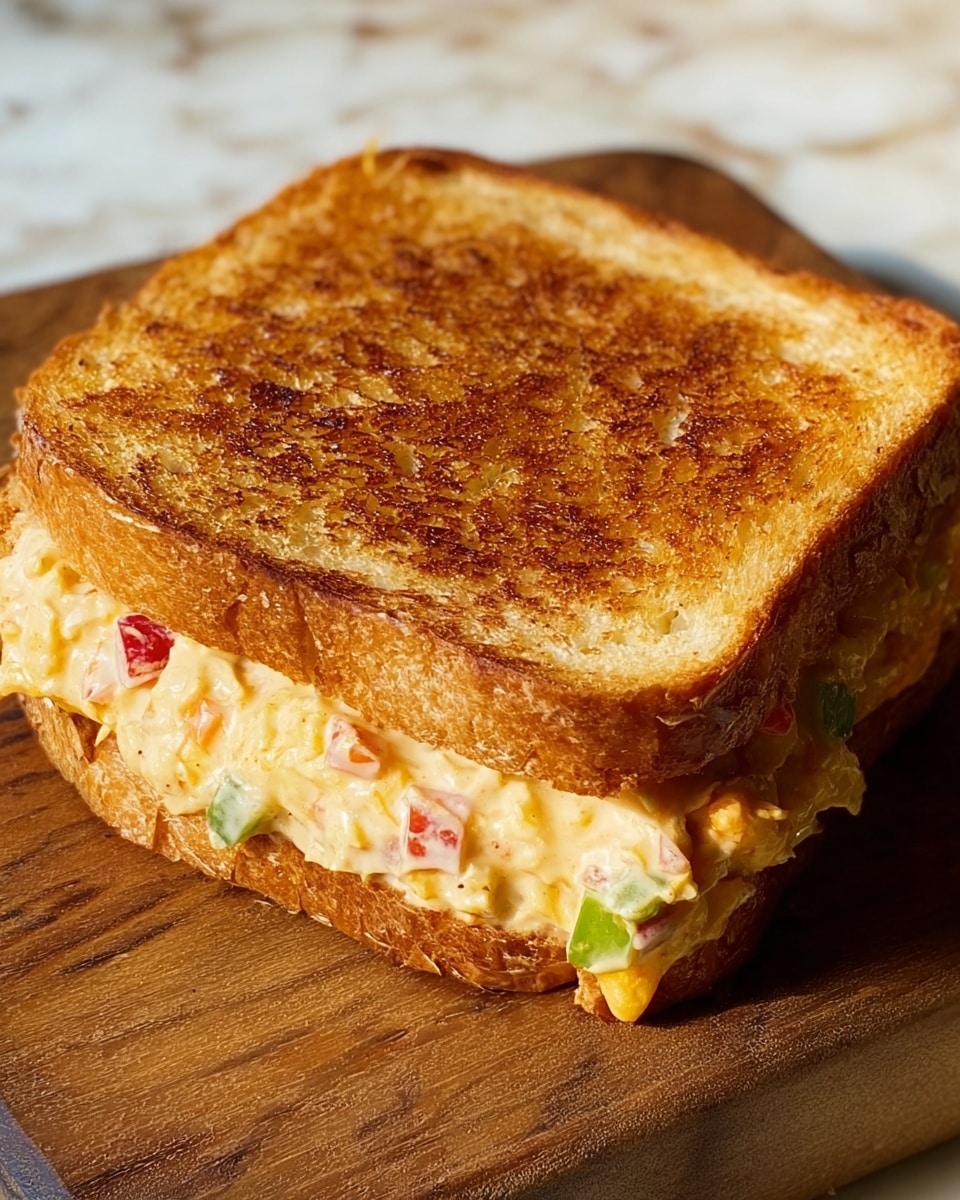 A close-up of a toasted sandwich resting on a wooden board with a white marbled texture background, showing two slices of golden-brown toasted bread with a crunchy texture on the top and sides. Inside, there is a creamy filling that is slightly oozing out along the bottom edge, with visible small bits of red and green, suggesting chopped vegetables mixed into a smooth cheesy or egg salad layer. The sandwich is square and thick, with the filling held tightly between the toasted bread slices, glowing warmly from the natural light. Photo taken with an iphone --ar 4:5 --v 7
